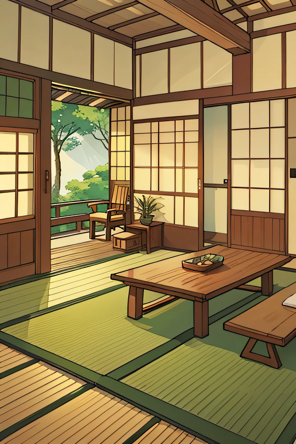 front view, Natural scenery, green, wood material, japanese style traditional house, interior, bed, table, chair #Anime #style #Cartoon