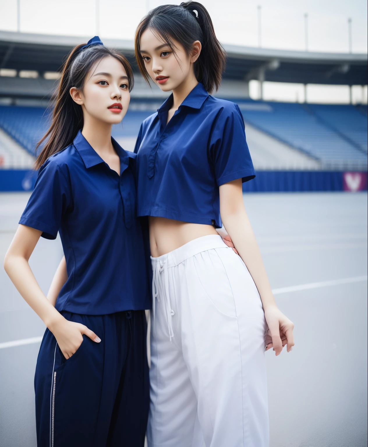(bestquality,10,10,highres,masterpiece:1.2),ultra-detail,(Realistic,photorealistic portrait,photo-realistic:1.37),1 Cute girl in the football field,oily shiny skin,bara,light smile,BDclothes,((blue shirt:1.3)),short sleeves,shirt, trousers.,(navy_long_Pants Track:1.1), ((Stadium Background:1.3)),dynamic angle,excited,face focus,Dynamic Poses,from behide,Ass Focus,masterpiece, bestquality, ultra realistic, hyper-detail, 8k resolution, RAW photo, crisp focus, ((Navy blue shirt:1.1)), short sleeves, Long Path, Perfect body, 2 mature women, 18yo, cinematic light,Blue sweatpants,Gymware,Correct anatomy,Complete body, Correct body, sharp face, Anatomically correct body, full entire body, Realistic gestures, long-haired, Realistic poses,Wear long shorts........................,Long leg span,Shapely,Sculpting Girl, Slender Figure, mannequin mannequins, Shapely, Beautiful body,Blue sweatpants, Two girls kissing