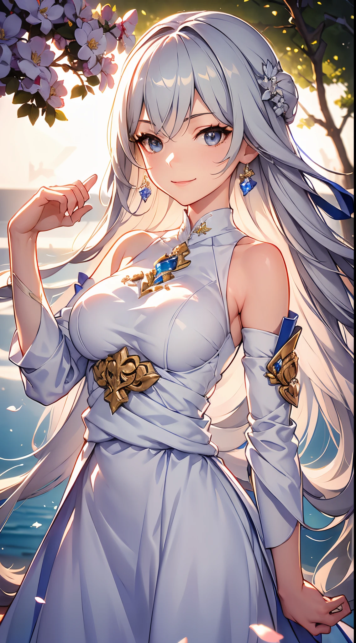 best quality,highres,ultra-detailed,realistic,photorealistic:1.37,portrait, intricate white long dress, ((modest dress)), standing,flowers field,silver long hair,bun hair,smiling woman,close up to abs, ((moderate breast)), beautiful detailed eyes,beautiful detailed lips,flower petals on air,bare shoulders,vivid colors,studio lighting,soft sunlight, happy face, ((cleavages:0.6))