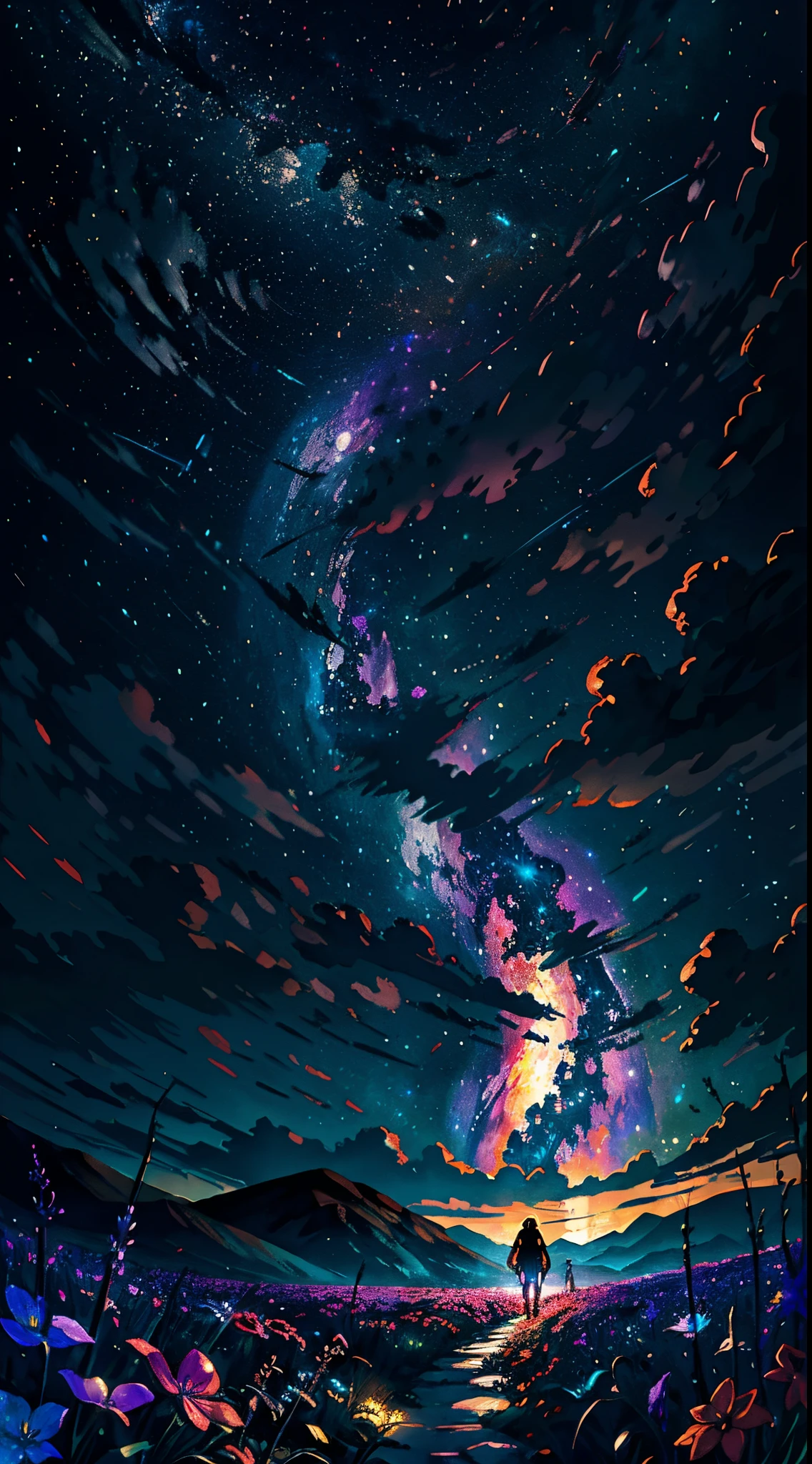 expansive landscape photograph , (a view from below that shows sky above and open field below), a girl standing on flower field looking up, (full moon:1.2), ( shooting stars:0.9), (nebula:1.3), distant mountain, tree BREAK
production art, (warm light source:1.2), (Firefly:1.2), lamp, lot of purple and orange, intricate details, volumetric lighting BREAK
(masterpiece:1.2), (best quality), 4k, ultra-detailed, (dynamic composition:1.4), highly detailed, colorful details,( iridescent colors:1.2), (glowing lighting, atmospheric lighting), dreamy, magical, (solo:1.2)