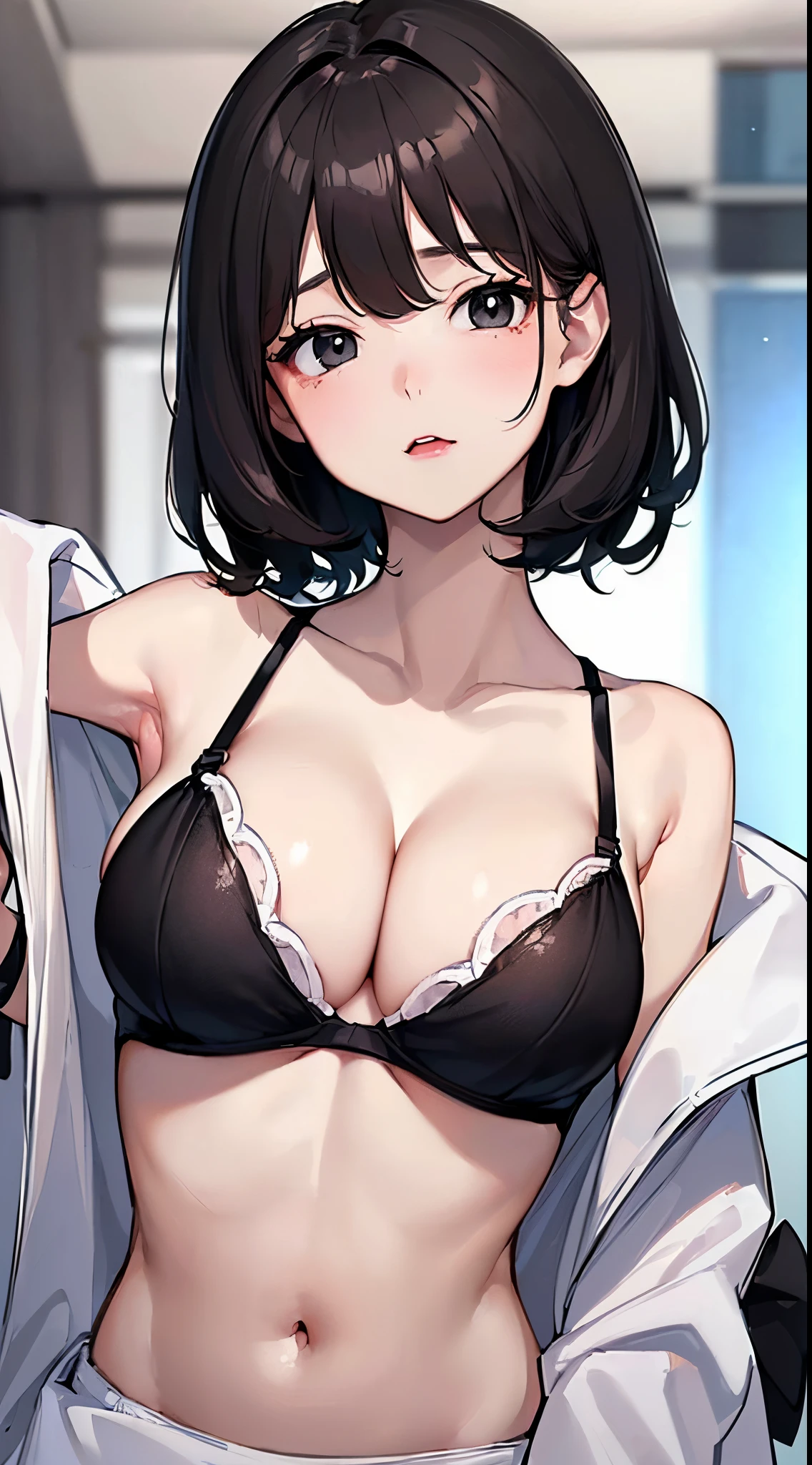 ((hightquality))　8K (((short dark hair)))　(((Black eyes)))　(((11years old  girl))) (((cleavage of the breast)))　(((white delicate bra))) (((Kawaii Girl)))　(((From the top of the head to the upper body:⒈5))) Illustration