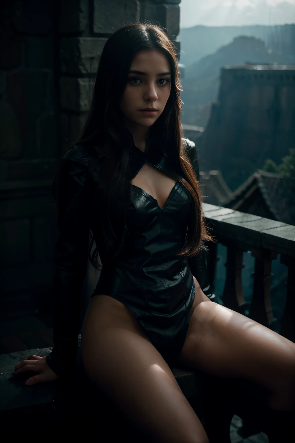 Young woman sitting alone on a high ledge, in dark solitude, in fear, a beautiful girl long flowing hair, symmetrical eyes, looks at the camera, cinematic shot, cinematic scene, stunning, magical fantasy, diffused lighting