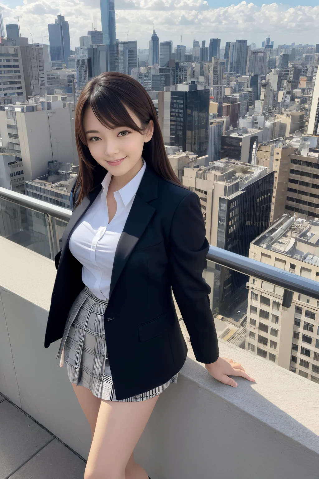 masutepiece, Best Quality, hight resolution,Detailed face,1girl in, Japanese,large full breasts,Smile,(Simple business suit,Jacket,pencil skirts:1.1),high-heels,tokyo prefecture, On the rooftop, Overlooking, bustling city, urban jungle, Skyscrapers, a panoramic view, Sunset, sky line,Windy,(:1.5),Office,Open mouth,from the rear,Spread legs,Windy,Wide eyes with accurate depiction,Distinct eyes,