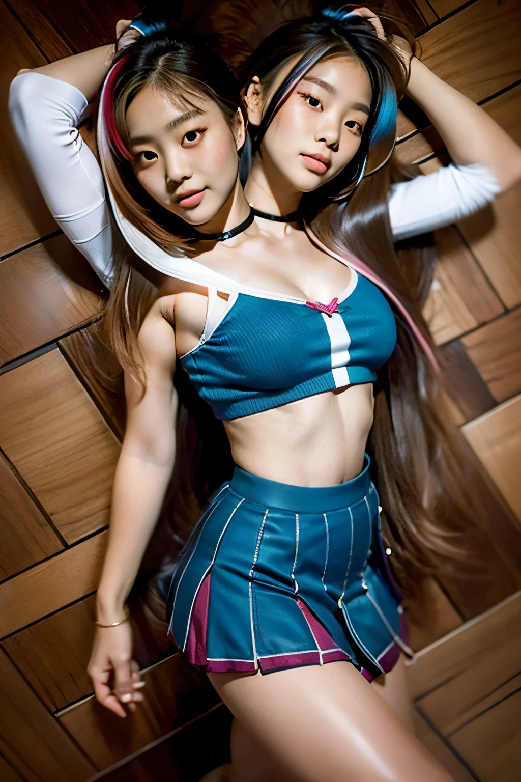 (Two Heads), very young attractive korean teenage girl in a blue tube-top and pink mini-skirt, teen, young girl, clear face, perfect eyes, leg and hip shot, heads close together, teal skirt, brownhair, different-coloured hair, extremely long hair, hair reaching the floor, perfect anatomy, heads spaced close together on chest, sport magazine, cheerleader uniform, sexy face, sexy face with full makeup, detailed flawless face, conjoined