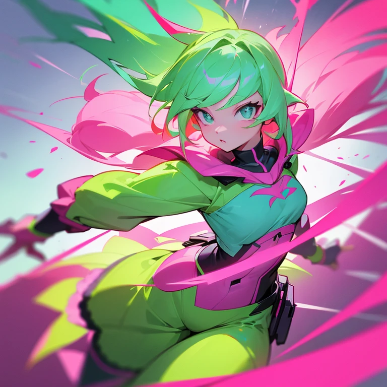 fluorescent pink hair、fluorescent green clothes、neon color、Vivid Color、western clothes、length hair、illustratio、In the street、femele、