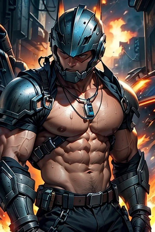 1boy, muscular man with bare chest and big muscles, sci-fi armor, sci-fi helmet, chains, explosion background, sweating heavily, musculature, necklace