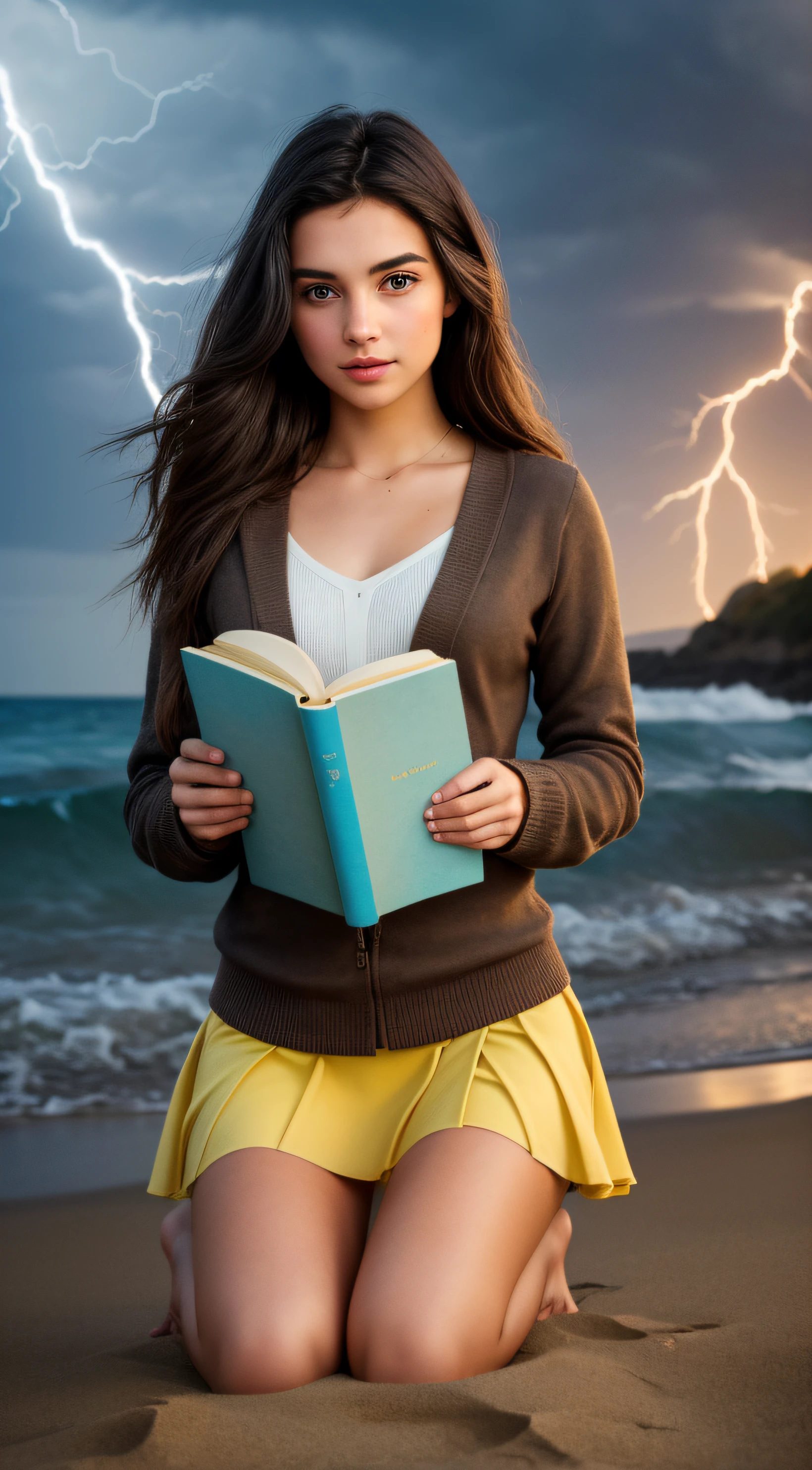 masterpiece of art beauty beautiful girl, realistic girl with long dark hair kneels on yellow sand in a short skirt ,Brown eyes ,detailes eyes,holds an open book in front of him, and looks at the book, her eyes are focused and open,high skin detail, magic book in antique binding, and a magical glow emanates from the book and magical sparks fly from the book, her face is very surprised and illuminated by the light of the book, her hair flutters from the strong wind and lightning behind her, It&#39;s getting dark on the beach, The girl is in focus, High Quality Detail, 8k resolution image, soft light, mega realistic painting,f/36 mm