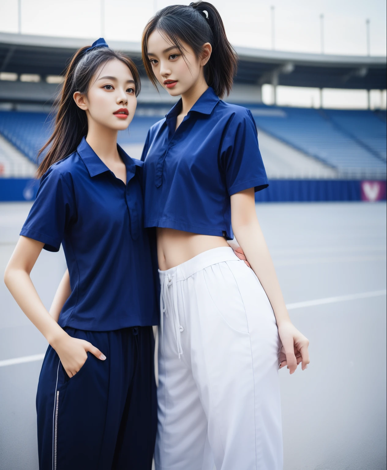 (bestquality,10,10,highres,masterpiece:1.2),ultra-detail,(Realistic,photorealistic portrait,photo-realistic:1.37),1 Cute girl in the football field,oily shiny skin,bara,light smile,BDclothes,((blue shirt:1.3)),short sleeves,shirt, trousers.,(navy_long_Pants Track:1.1), ((Stadium Background:1.3)),dynamic angle,excited,face focus,Dynamic Poses,from behide,Ass Focus,masterpiece, bestquality, ultra realistic, hyper-detail, 8k resolution, RAW photo, crisp focus, ((Navy blue shirt:1.1)), short sleeves, Long Path, Perfect body, 2 mature women, 18yo, cinematic light,Blue sweatpants,Gymware,Correct anatomy,Complete body, Correct body, sharp face, Anatomically correct body, full entire body, Realistic gestures, long-haired, Realistic poses,Wear long shorts........................,Long leg span,Shapely,Sculpting Girl, Slender Figure, mannequin mannequins, Shapely, Beautiful body,Blue sweatpants, Two girls kissing