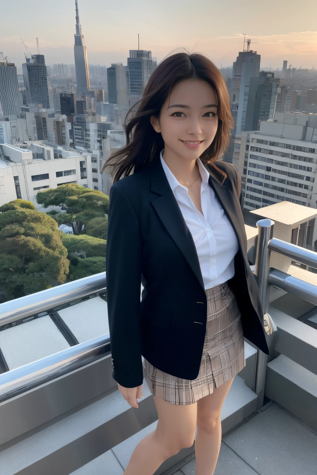 masutepiece, Best Quality, hight resolution,Detailed face,1girl in, Japanese,large full breasts,Smile,(Simple business suit,Jacket,pencil skirts:1.1),high-heels,tokyo prefecture, On the rooftop, Overlooking, bustling city, urban jungle, Skyscrapers, a panoramic view, Sunset, sky line,Windy,(:1.5),Office,Open mouth,from the rear,Spread legs,Windy,Wide eyes with accurate depiction,Distinct eyes,