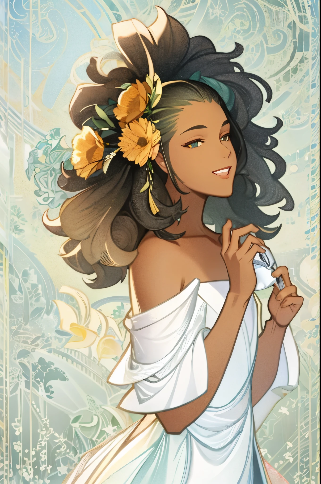 there is a woman with a flower crown on her head,HD, (Masterpiece),(black man, dark skin), Best Quality, High Resolution, Smile, ((Young Man)), Extremely Detailed Wallpaper, Perfect Lighting, (Extremely Detailed CG), Wallpaper, Colorful, Picture Book, Game CG,