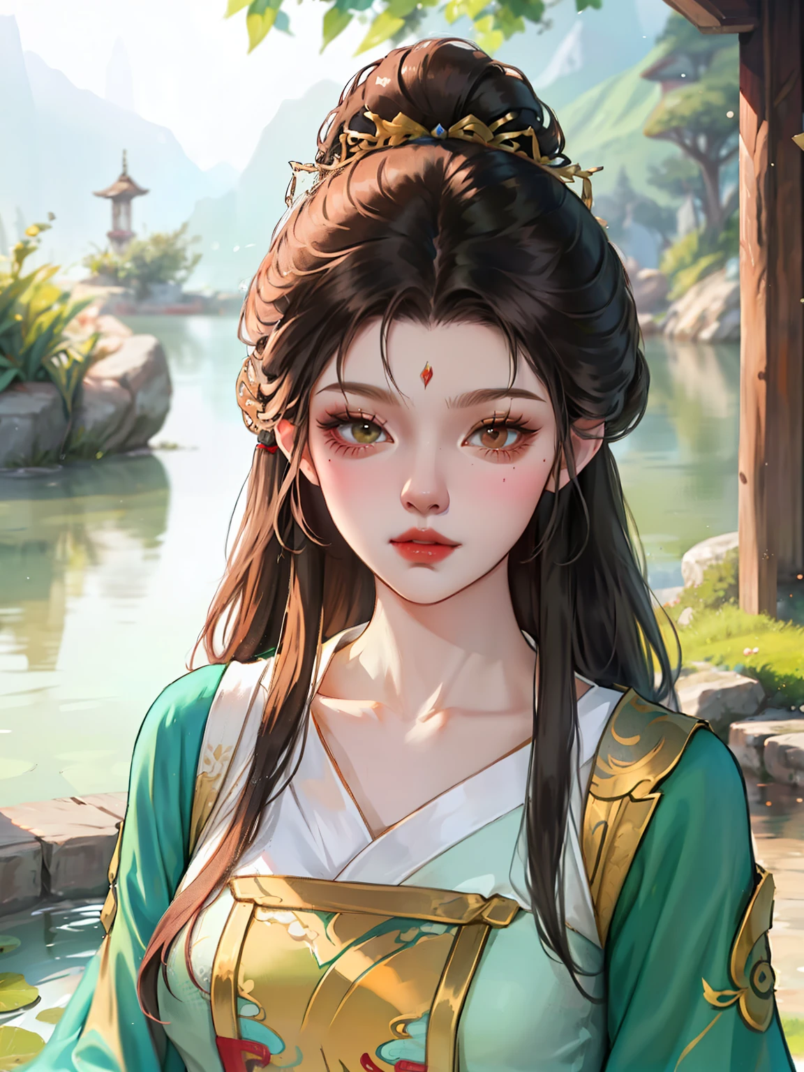 there is a woman in a green dress laying on a lily covered pond, by Yang J, artwork in the style of guweiz, by Zeng Jing, guweiz on pixiv artstation, guweiz, guweiz on artstation pixiv, palace ， a girl in hanfu, by Li Song, beautiful digital artwork, by Chen Lin