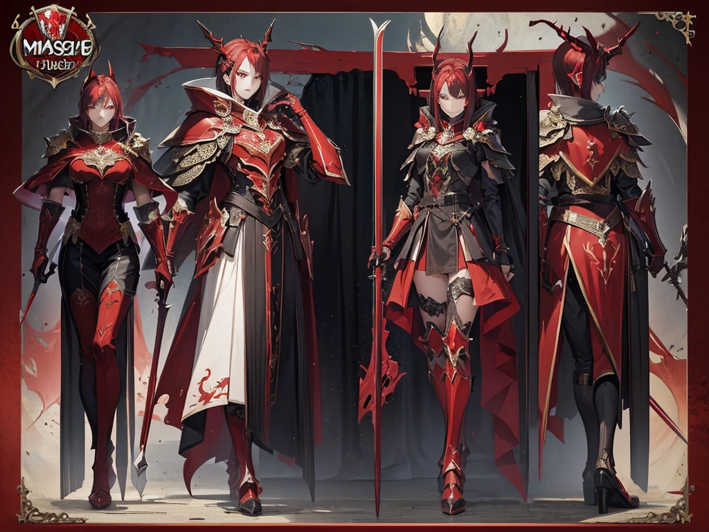 ((Masterpiece, highest quality)), character sheet, Full body, full of details, multiple poses, highly detailed, depth, many parts, Red knight, sword, Black Cape, Glowing red eyes, menacing look, Red armor