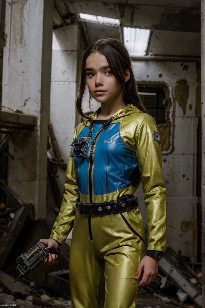 13 year old girl wearing (vaultsuit with pipboy3000 on wrist) standing in a ruined city, holding a large fallout weapon, giant slater fallout insect in background, professionally color graded, professional photography, well drawn, masterpiece, hyper realistic, ultra detailed, high quality, best quality, 4k, 8k, raw