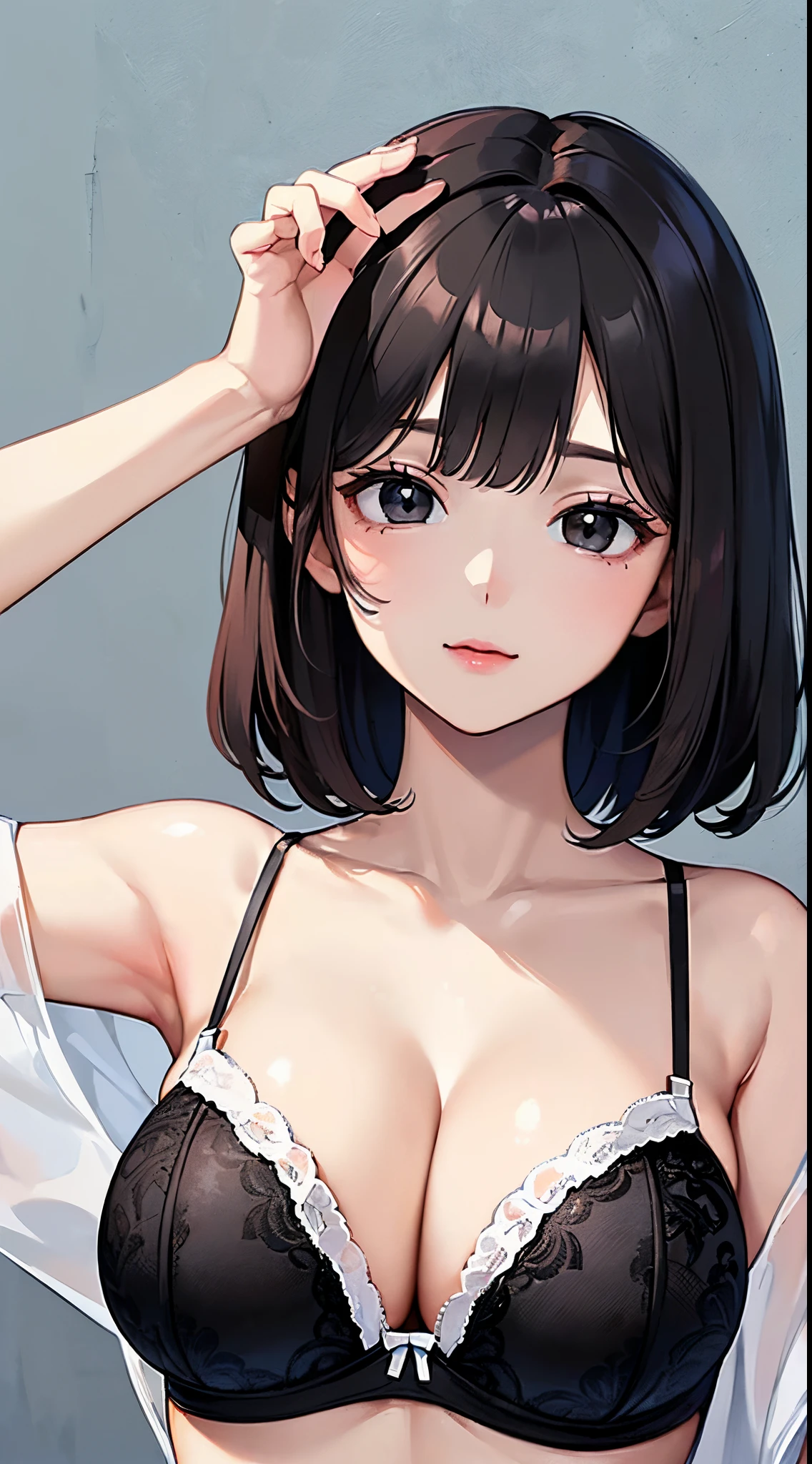 ((hightquality))　8K (((short dark hair)))　(((Black eyes)))　(((11years old  girl))) (((cleavage of the breast)))　(((white delicate bra))) (((Kawaii Girl)))　(((From the top of the head to the upper body:⒈5))) Illustration　(white backgrounid:⒈5)