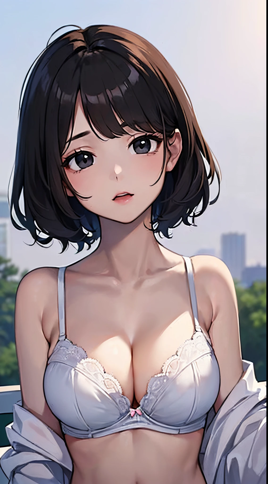 ((hightquality)) 8K (((short dark hair))) (((Black eyes))) ((( girl))) (((cleavage of the breast))) (((white delicate bra))) (((Kawaii Girl))) (((From the top of the head to the upper body:⒈5))) Illustration (white backgrounid:⒈5)