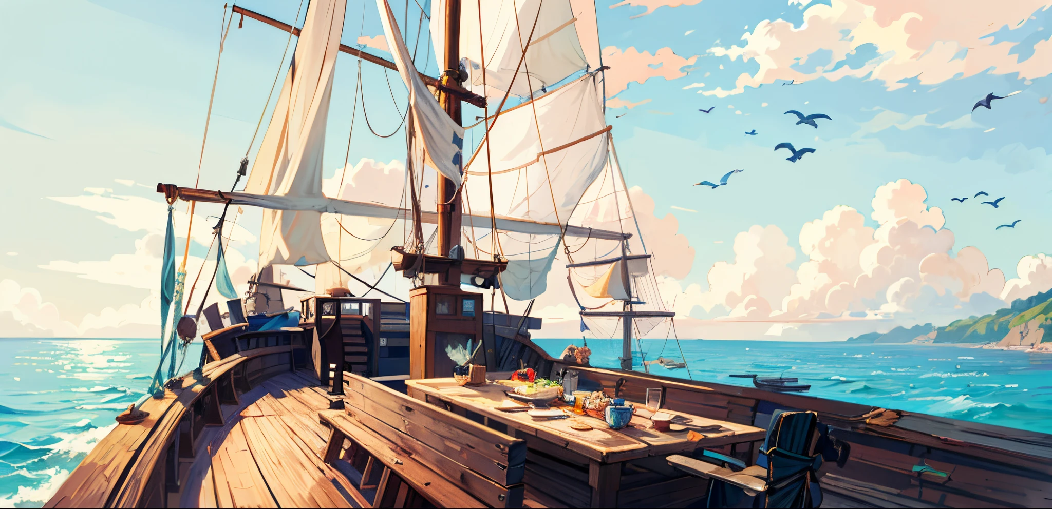 pirate ships, Local, the detail, day, Scavenging, at noon, ((and the sun was shining brightly)), at noon, bow detail, Boat,vessels, the ocean, Boat, cloud, ((blue-sky)), Boat, scenecy, Outdoor sports, That bird, Eau, horizon, without humans, Raging sea, suns