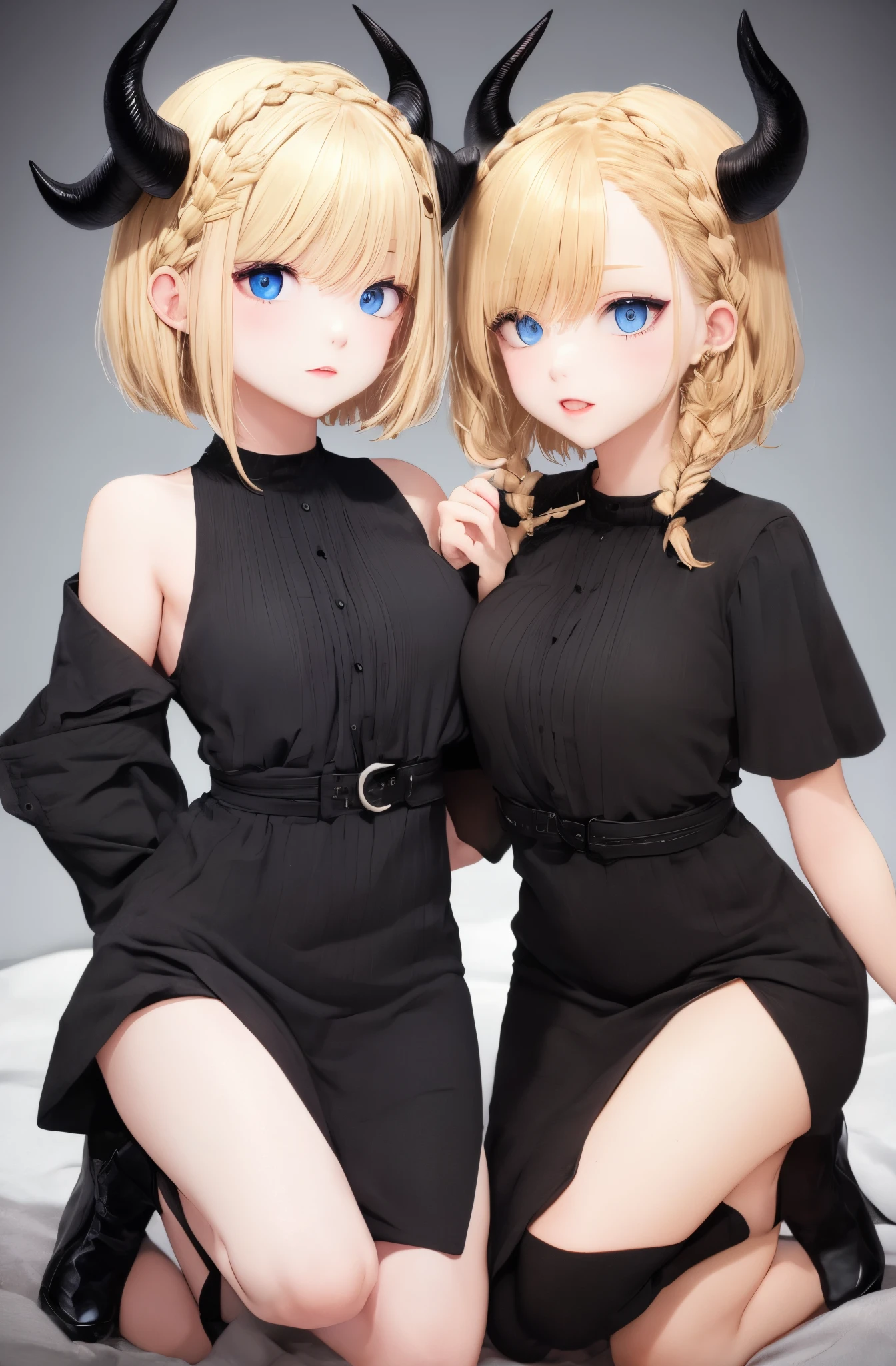 Short blonde hair, braids, blue eyes, black horns, black dress
