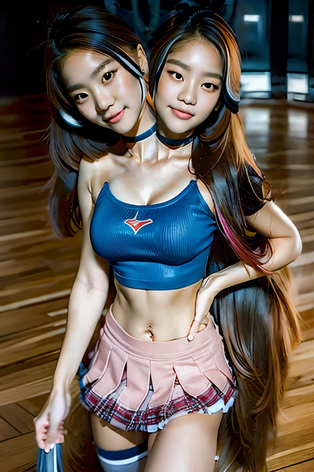 (Two Heads), very young attractive korean teenage girl in a blue tube-top and pink mini-skirt, teen, young girl, clear face, perfect eyes, leg and hip shot, heads close together, teal skirt, brownhair, different-coloured hair, extremely long hair, hair reaching the floor, perfect anatomy, heads spaced close together on chest, sport magazine, cheerleader uniform, sexy face, sexy face with full makeup, detailed flawless face, conjoined