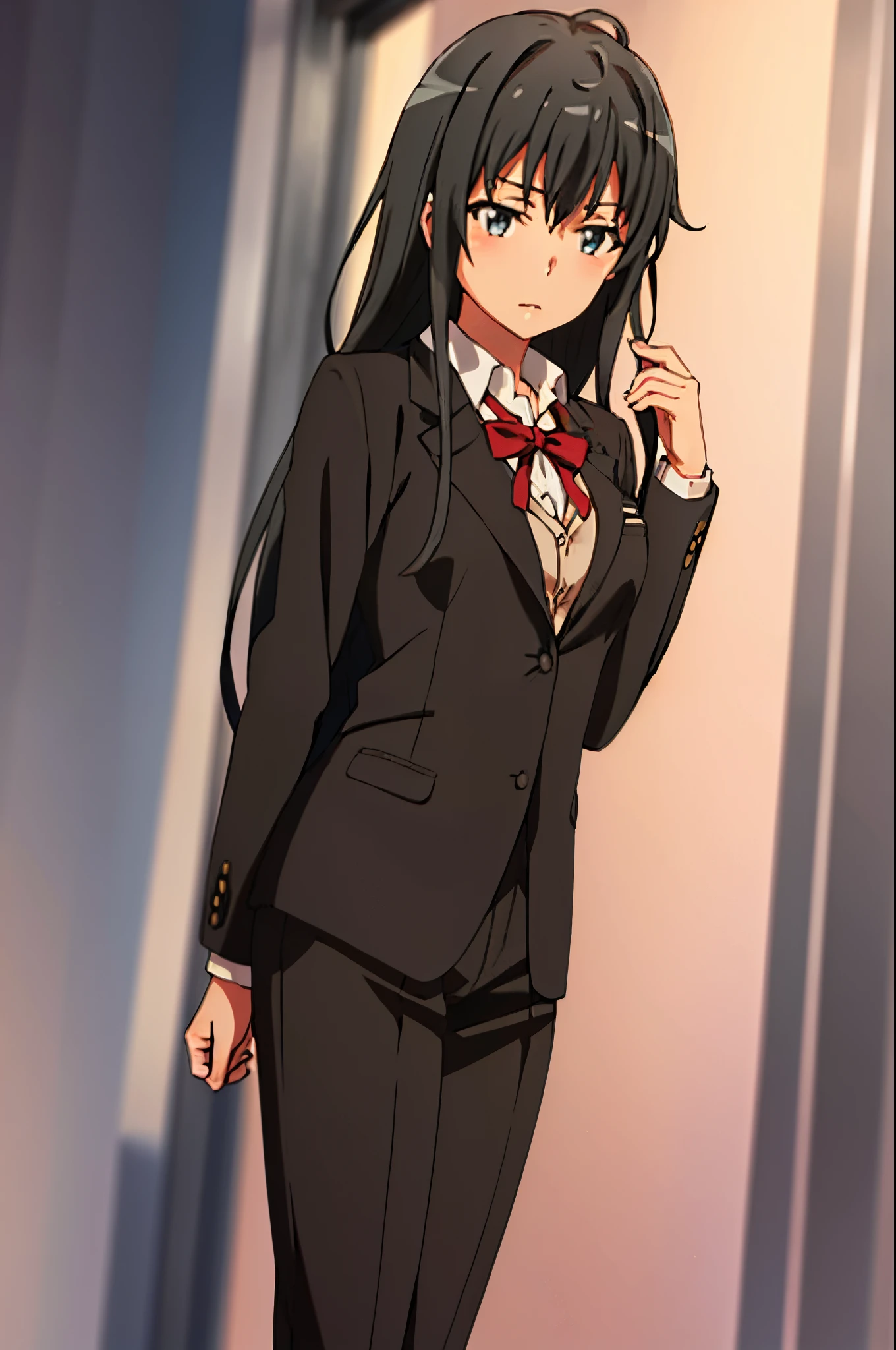 Illustration of a girl, yukinoshita yukino, 1girl, ((Anime)) 8k, colerfull, wearing a tuxedo tailcoat, pants, seelk suit, classroom background