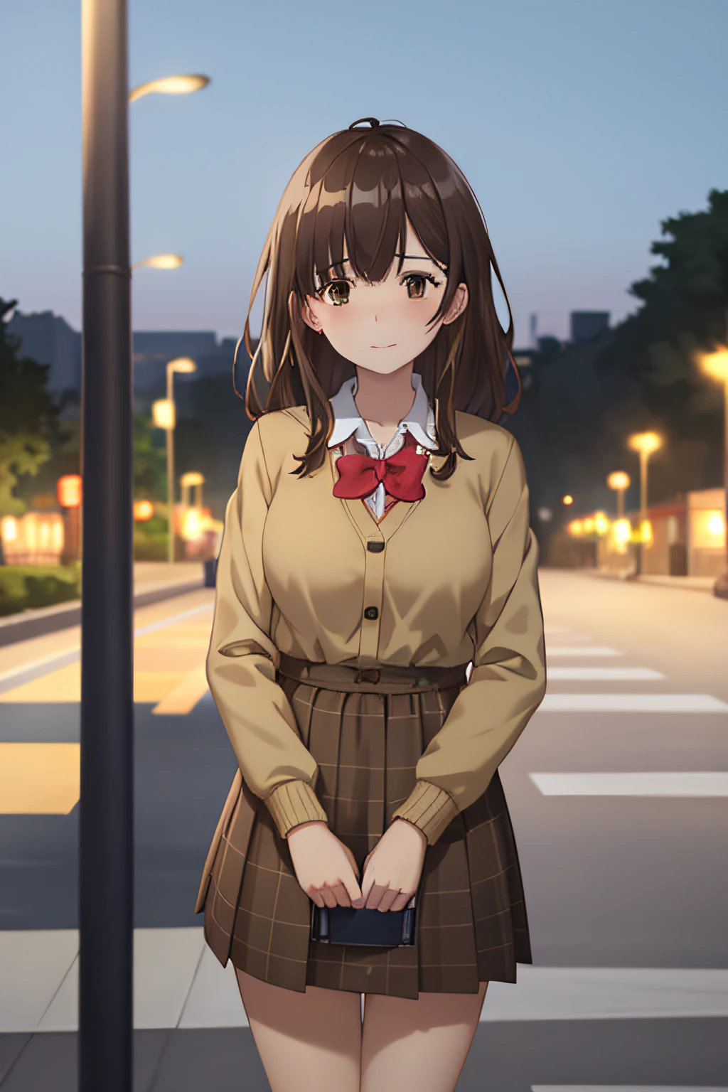 best quality, (masterpiece:1.2), highly detailed, outdoors, park, city, night,
1girl, solo, ogiwara sayu,
looking at the viewer, medium breasts, slight smile, closed mouth, (standing:1.2),
brown eyes, brown hair, long hair, school outfit