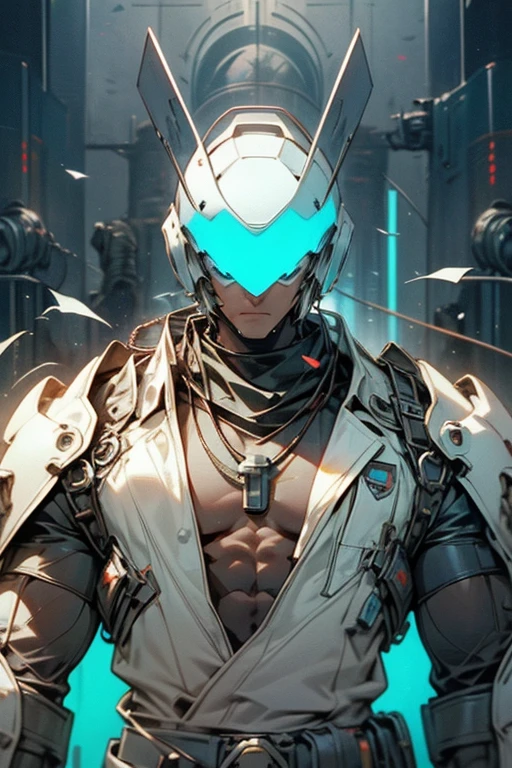 1boy, muscular man with bare chest and big muscles, sci-fi armor, sci-fi helmet, chains, abstract explosion background, sweating heavily, musculature, necklace,