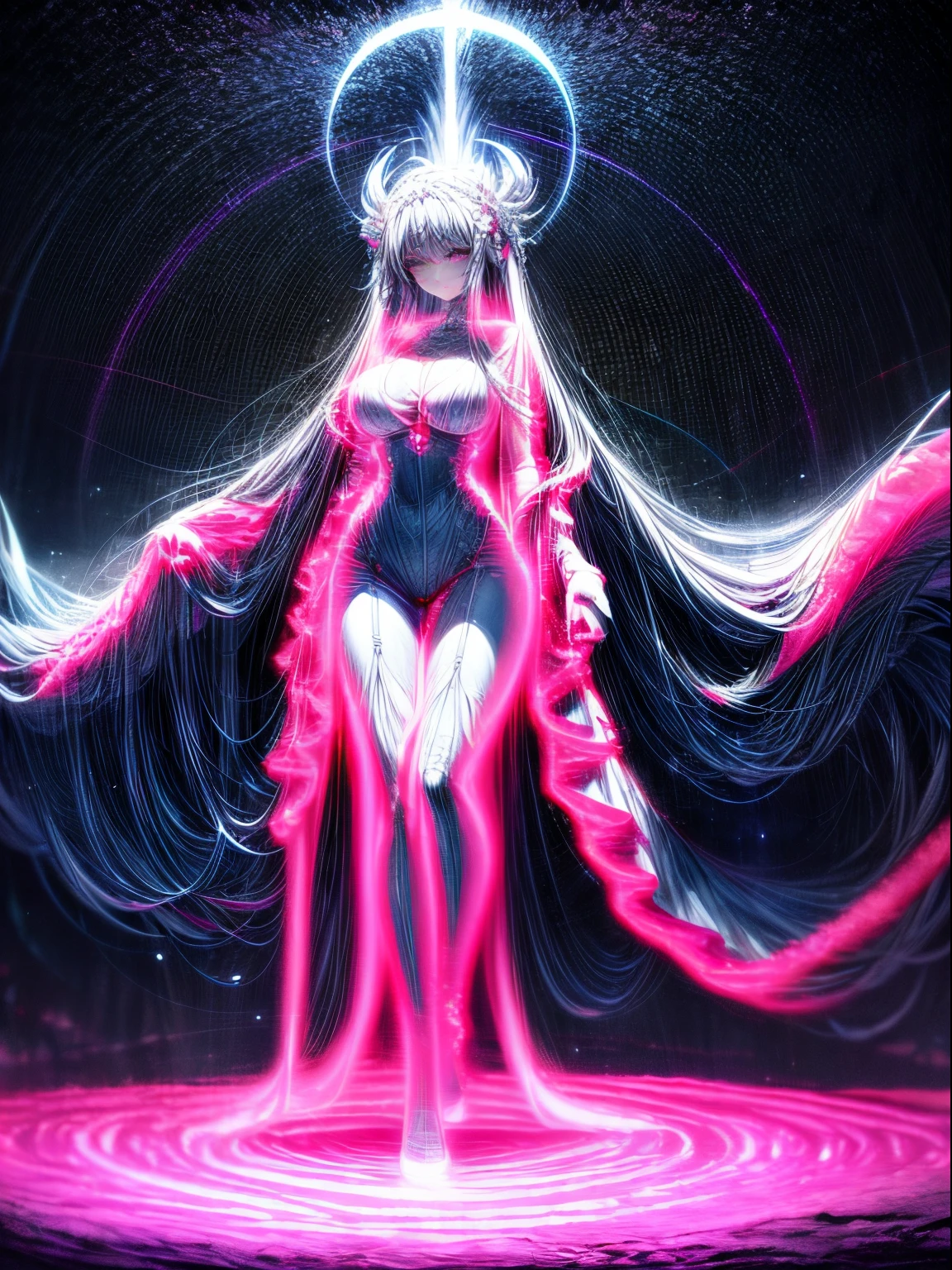 The goddess who descended into the cave, the whole body is shining, detailed white luxury dress, full body shot, Blacklight, giga_busty