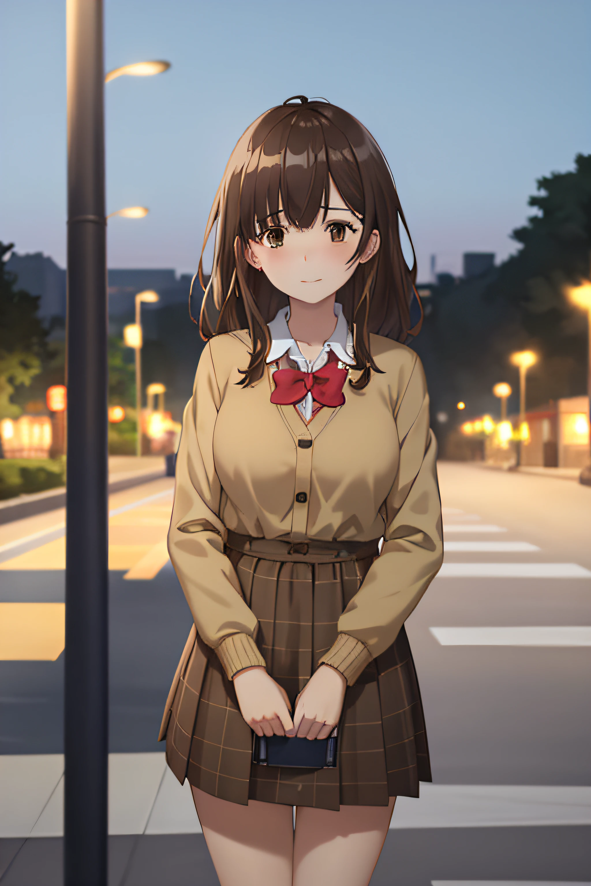 best quality, (masterpiece:1.2), highly detailed, outdoors, park, city, night,
1girl, solo, ogiwara sayu,
looking at the viewer, medium breasts, slight smile, closed mouth, (standing:1.2),
brown eyes, brown hair, long hair, school outfit