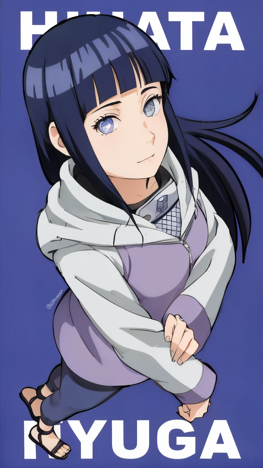 masterpiece, absurdres, 1girl, hinata\(shippuden\), solo,hooded jacket, fishnets, headband around neck, looking at viewer, solo, forest, dark sky, contrapposto, smile, spread armpits, cowboy shot, arms behind head, blue pants