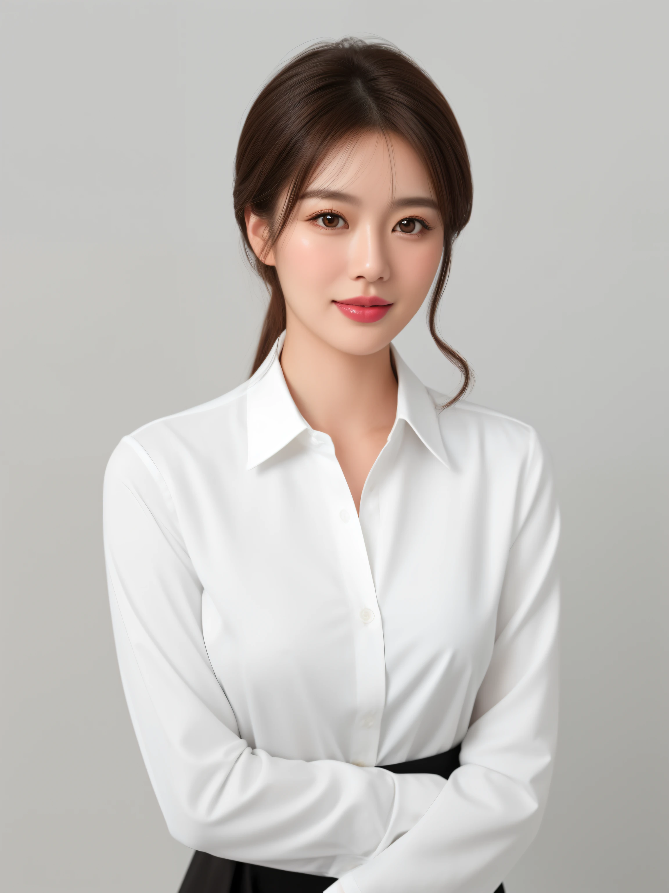 1 married woman, whitet-shirt, Alone, with a round face, There is a red mole under the left eye ,35yo, Chubby cheeks, 二重まぶた, almond eyes, Dark brown pupils, Slim figure, medium lenght hair, dark brown hair, Perfect lip shape, A natural smile, Pitiful expression, Warm gaze, white backgrounid, Minimalist style, simple backgound, Clean lines, Flat illustration style,fully body photo