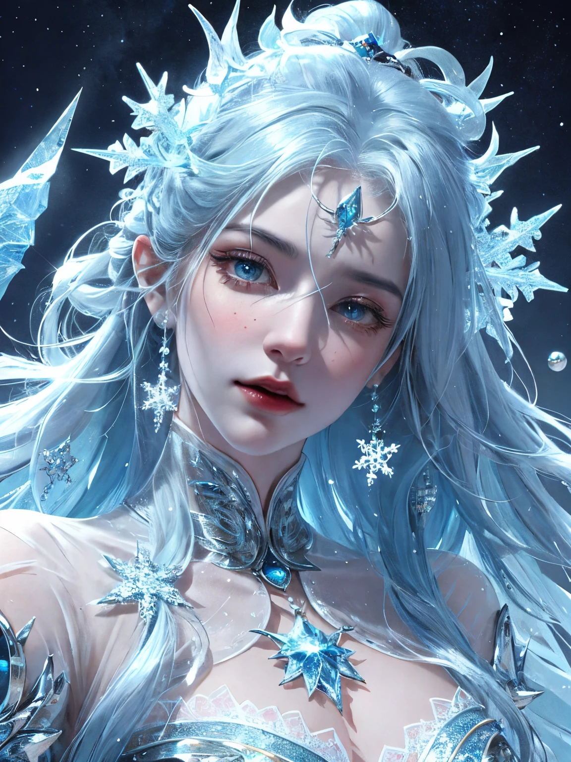 Generate celestial bodies and colorful petit ice angels. her eyes should be beautiful and delicate, Extremely detailed, Realistic, macro, And bright. her face must be intense and dynamic. Contains highly detailed and beautiful faces with realistic eye shading. her clothes are long and flowing.、Silk, lace and pearls. Include frosty details such as snow, Wind, Yuki, Cold, And the night sky. Contains fantastic rainbow colors, shimmer, glimmer, and bumps, Not to mention the beautiful and intricate fantasy details.、. fantastic high fantasy images. Cold, Frost, Frost on the image, Camera frost, illustration frost, intricate snowflake ((masutepiece)), Best Quality, High quality, hight resolution, Intricate details, Portfolio Pieces, Bryan organ, mats, Trending on Art Station, in the style of greg rutkowski, Including magical ice creatures, Use shades of blue, Including fur, (dynamic compositions), (Highly detailed), ornate, ultra-detailliert, Detail enhancements, magical detailed, Fantasy atmosphere