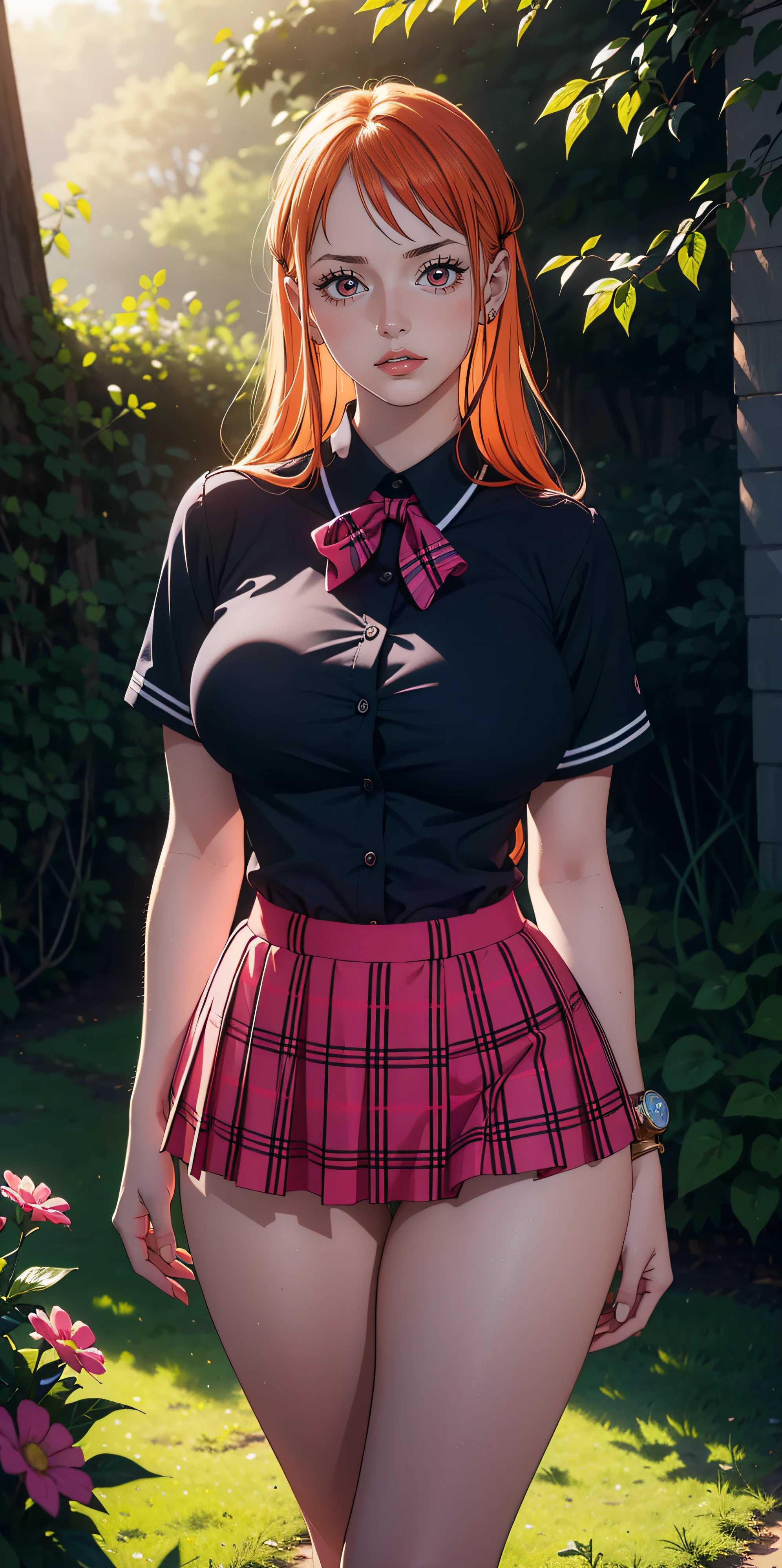 (best quality,4k,8k,highres,masterpiece:1.2),ultra-detailed,realistic,sexy high school girl with orange hair in a garden setting,beautiful detailed eyes, beautiful detailed lips,extremely detailed eyes and face,long eyelashes,flawless skin,pink panties peeking from under the skirt,gorgeous pink and black school uniform,fitted skirt accentuating the curves,plaid pattern on the skirt,cropped white blouse,unbuttoned top buttons,large round breasts,confident and alluring pose,sunlight filtering through the trees,soft warm lighting,floral background, vibrant colors,portraits,high contrast,color grading with warm tones.