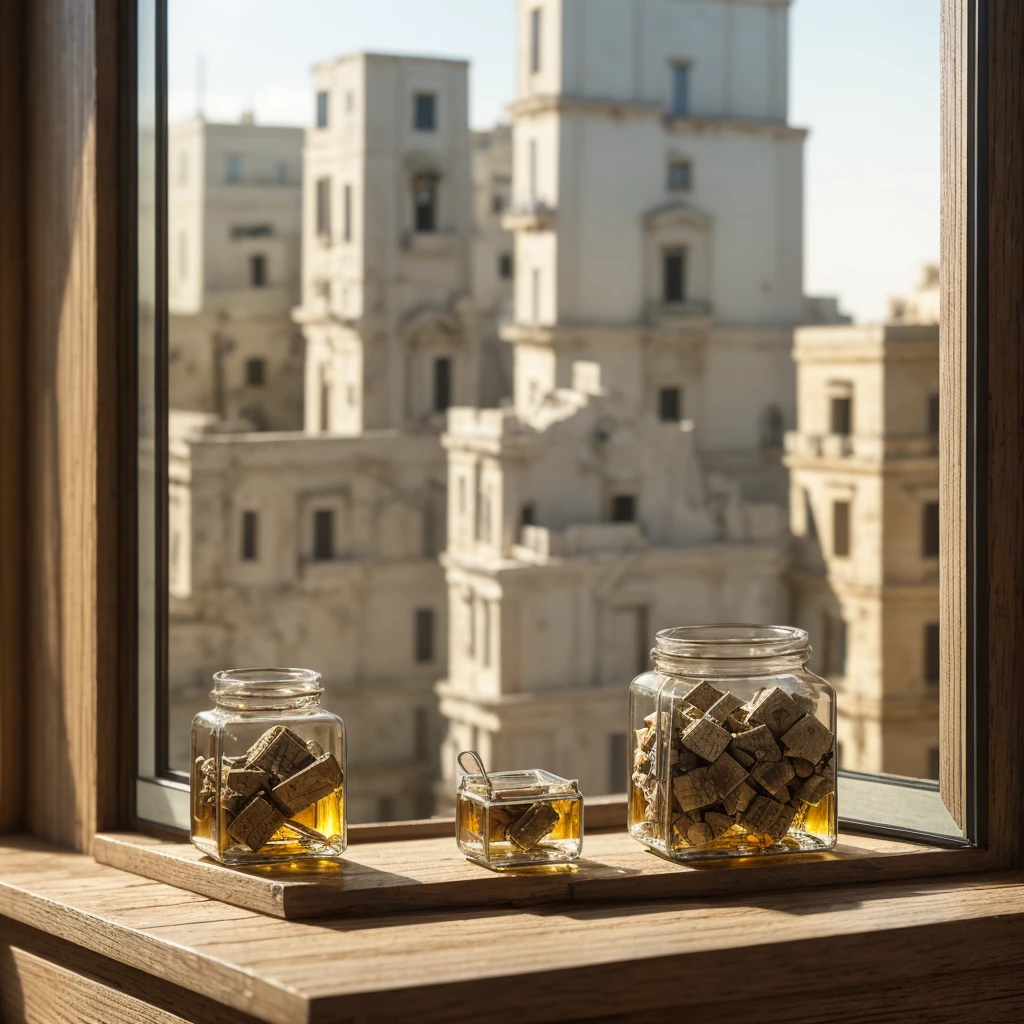 the whole city of matera tucked inside a square glass jar with lid, placing on the windowsill, extremely detailed, 8K, apocalyptic punk style, miniatures, macro photography in close-up