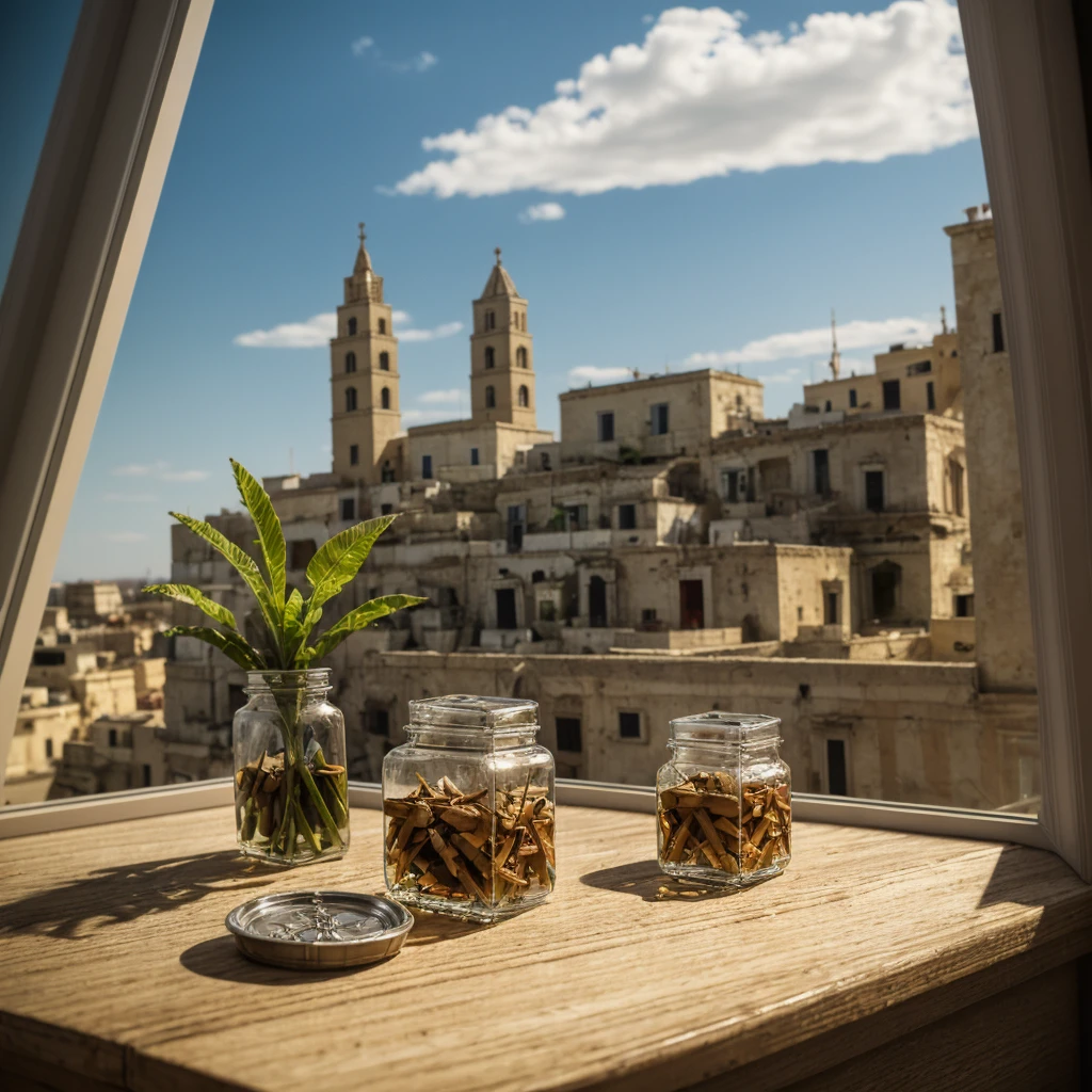 the whole city of matera tucked inside a square glass jar with lid, placing on the windowsill, extremely detailed, 8K, apocalyptic punk style, miniatures, macro photography in close-up