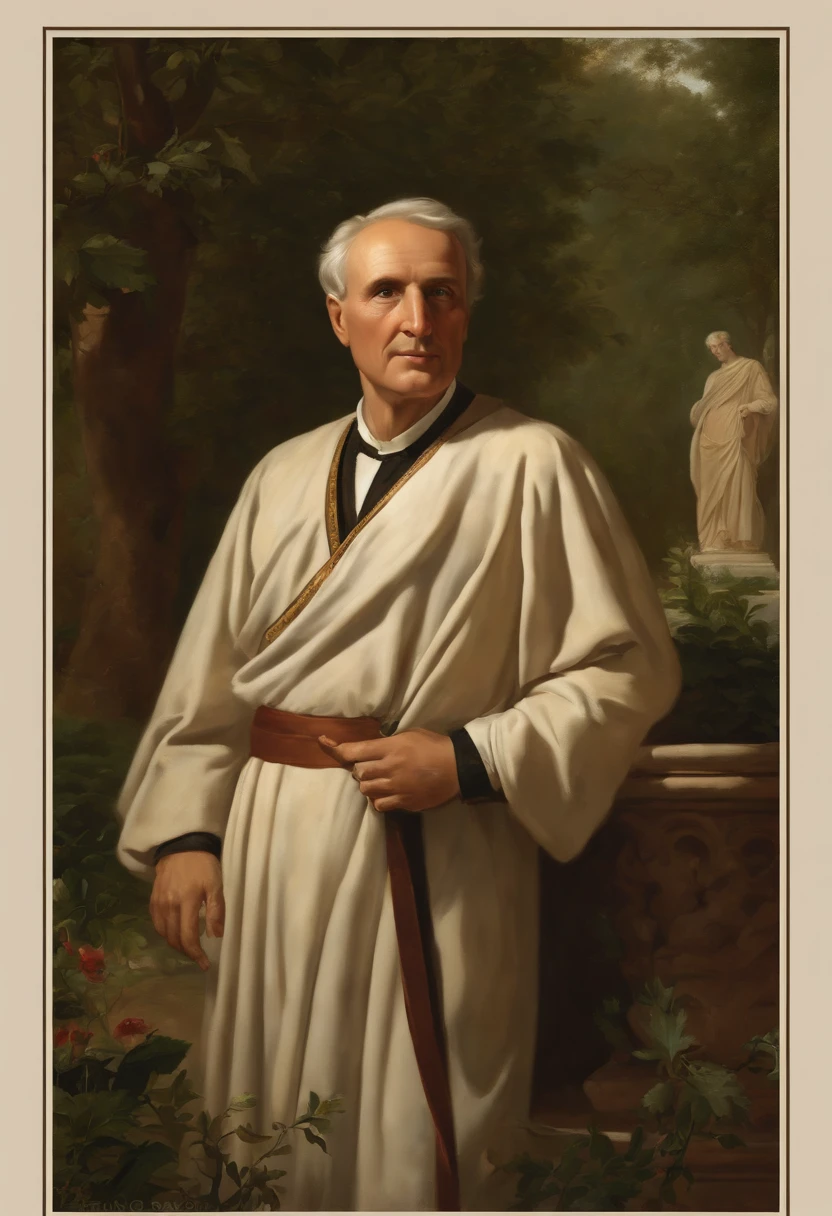 An image of Marcus Tullius Cicero enjoying a leisurely morning walk through the enchanting gardens of Villa Borghese, surrounded by the beauty of nature.,original,Marcus Tullius Cicero has a slender and tall build with a prominent forehead and high hairline. He has a long, thin face, a straight nose and a sharp chin. He has expressive and animated facial expressions. Meticulous in his appearance. Often wears a Roman Toga. He pays attention to his hair and beard. , male