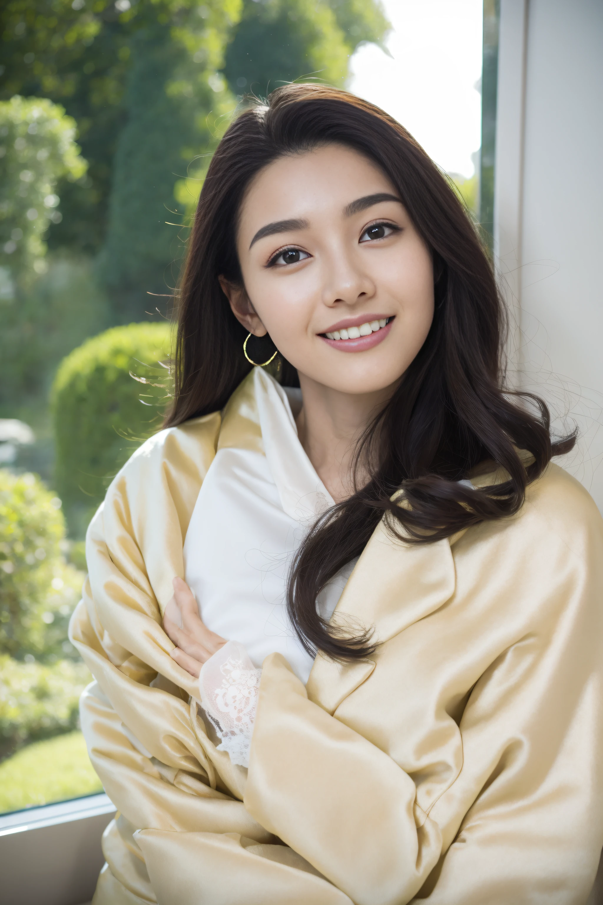 a fashion model，18yr old， [[[[climaxing]]], [[[[climaxing]]]], [[[[rapeseed]]]], [[[[bshoulders]]]], perfect  eyes, Perfect iris，perfect lips，perfect teeth，Perfect Skin，with fair skin，HighDynamicRange，Movie Girl，(delicated face)，(Highly defined faces)，（Pure girl），Enchanted smile，(White openwork lace underwear)，In the background is the bedroom，green trees outside the window，fresh flowers，4K Ultra HD, 超高分辨率, (realistically: 1.4), Best quality at best，tmasterpiece，（pastel colour：1.2）