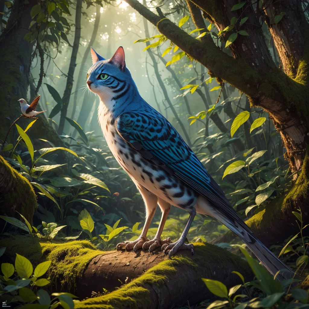 (best quality, highres, ultra-detailed:1.2), realistic, studio lighting, vivid colors, bird with cat head, [detailed background], cool, in the forest