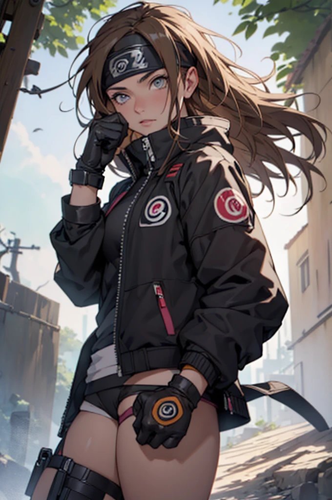 A European looking girl with messy straight brown hair, named Mira1, Handsomer, High quality picture, With Naruto headband With air symbol, wearing black jacket, 4K, in nature, both eyes clear, wearing gloves
