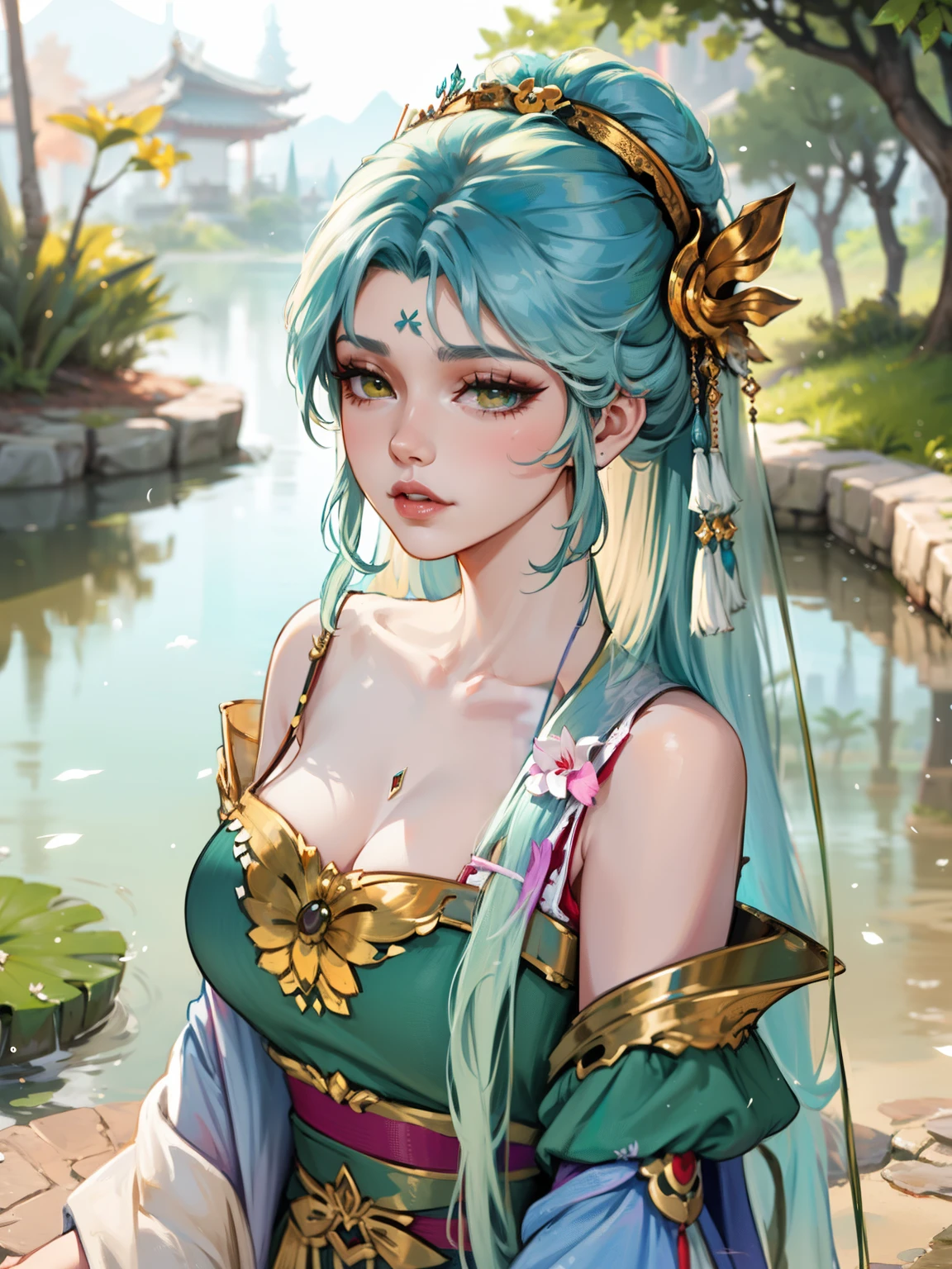 there is a woman in a green dress laying on a lily covered pond, by Yang J, artwork in the style of guweiz, by Zeng Jing, guweiz on pixiv artstation, guweiz, guweiz on artstation pixiv, palace , a girl in hanfu, by Li Song, beautiful digital artwork, by Chen Lin,