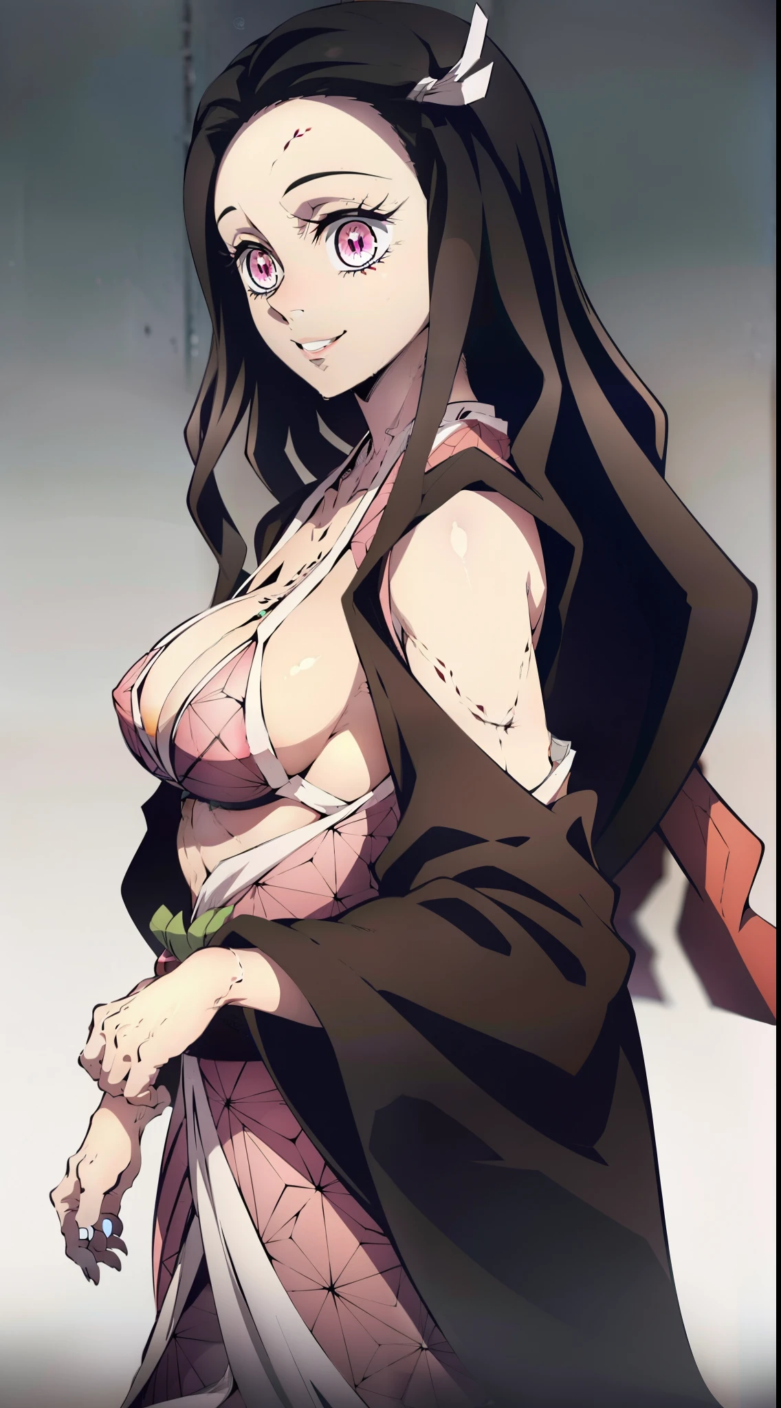 Erotica, Very sexy ass, waist, legsupms, Extraordinarily beautiful composition, erotic pose, (Body Full 1.1.), ultra sharp image, Beautiful figure, Gloomy sexy pose background, in full height, ssmile, Adorable smile, stands sideways, ultra detail face, Ultra Transparent, Nezuko Kamado from Demon Slayer, ultra sharp image, Ultra Beautiful, lovely small breasts. black hair, Transition to red, Japanese bath, Beautiful figure, taut clothes, black cape on pink kimano, big breastes, Smiling, green colored eyes, handsome body, sexy clothes, Beautiful eyes, very detailed eyes, Very detailed face, handsome body, Cherecter Desing, Sex position, Very detailed, Detailed body, Detailed hands, Detailed, Vibrants, Detailed Face, sharp-focus, WLOP, artgerm, anime art, Vibrants, Detailed Face, Hugh Details, sharp-focus, Very drooping face, A detailed eye, super fine illustration, better shadow, finely detail, Beautiful detail