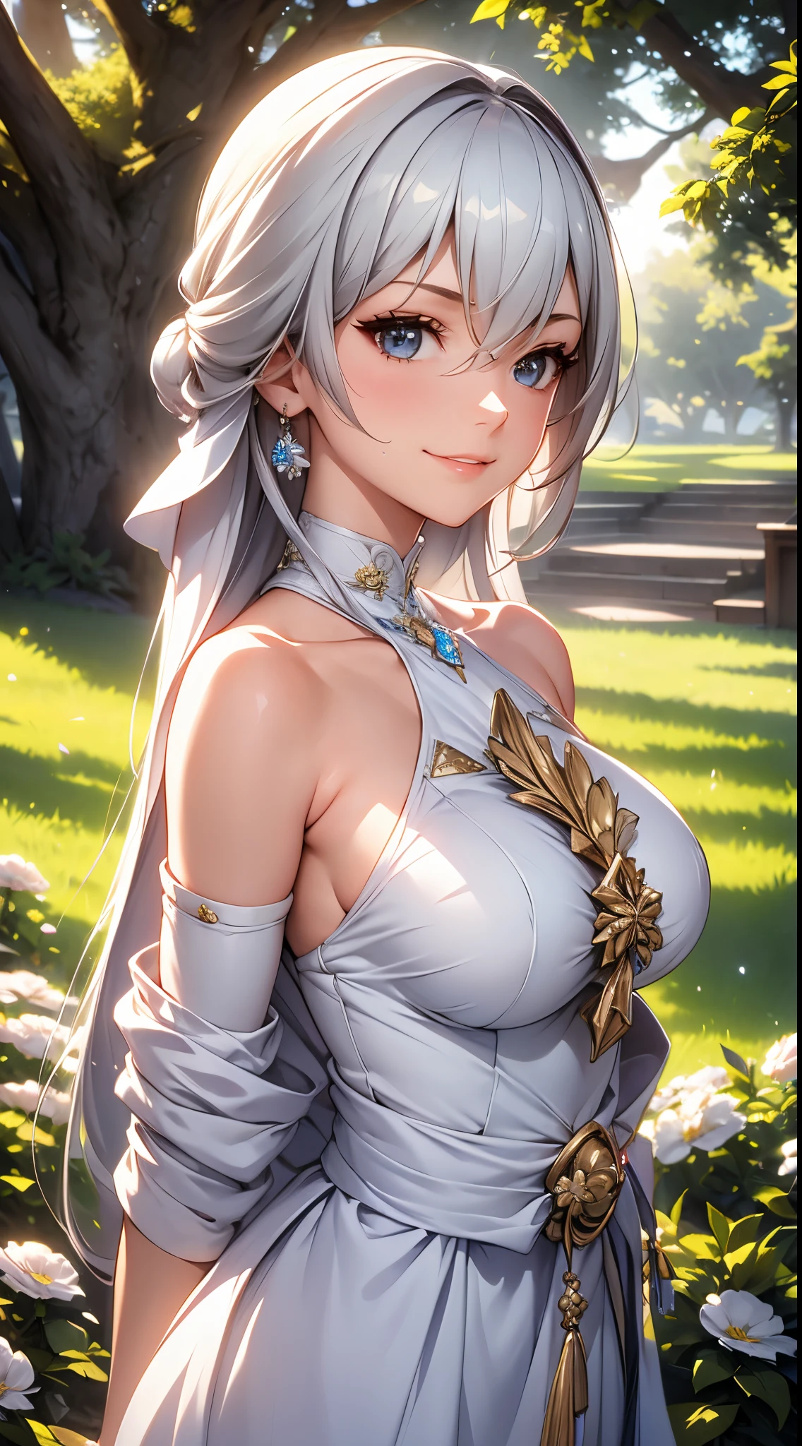 best quality,highres,ultra-detailed,realistic,photorealistic:1.37,portrait, intricate white long dress, ((modest dress)), standing,flowers field,silver long hair,bun hair,smiling woman,close up to abs, ((moderate breast)), beautiful detailed eyes,beautiful detailed lips,flower petals on air,bare shoulders,vivid colors,studio lighting,soft sunlight, happy face, ((cleavages:0.6))