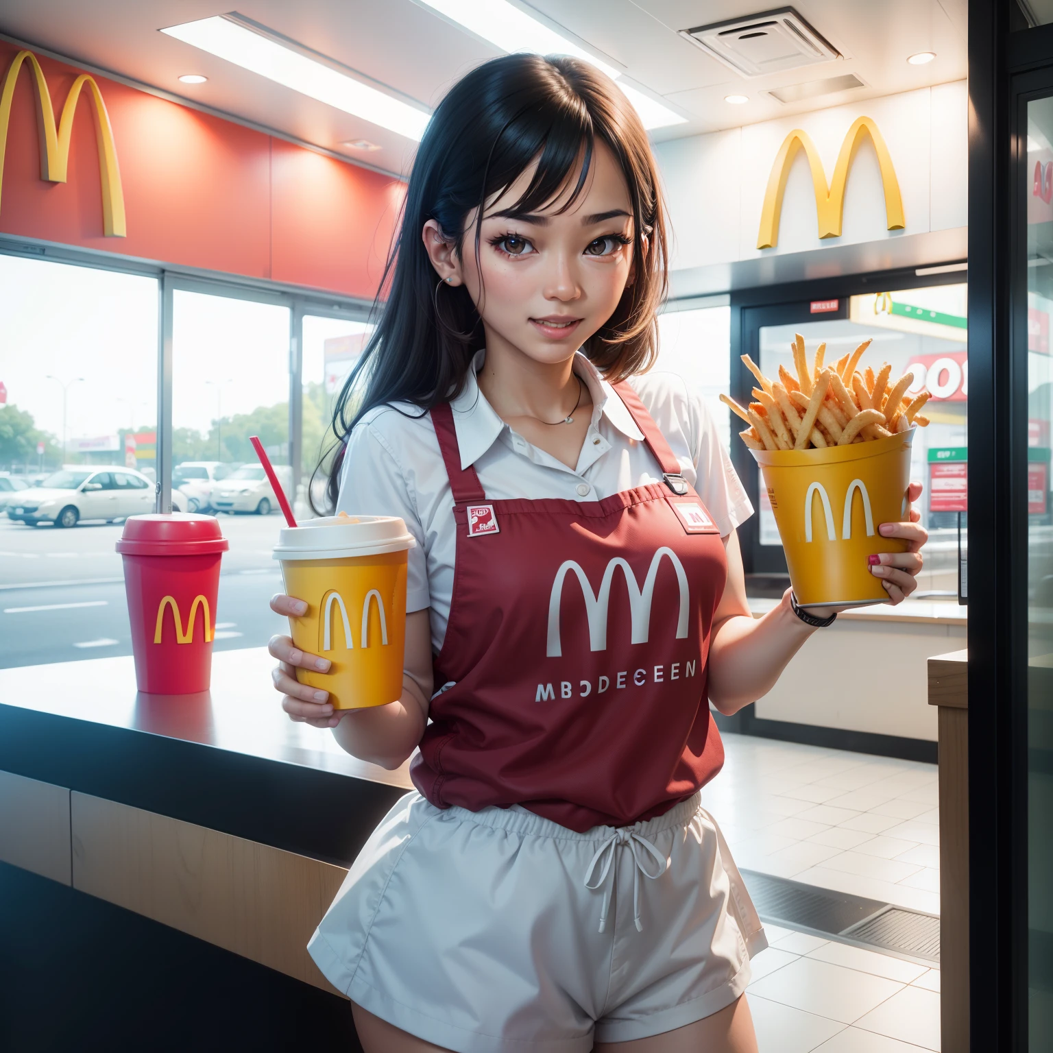 1girl, alone, large breasts, (depth of field: 1.1), (realistic, photo-realistic: 1.37), girl dressed in McDonald's uniform, waitress, carrying a hamburger tray, sad face, ((perspective from below))