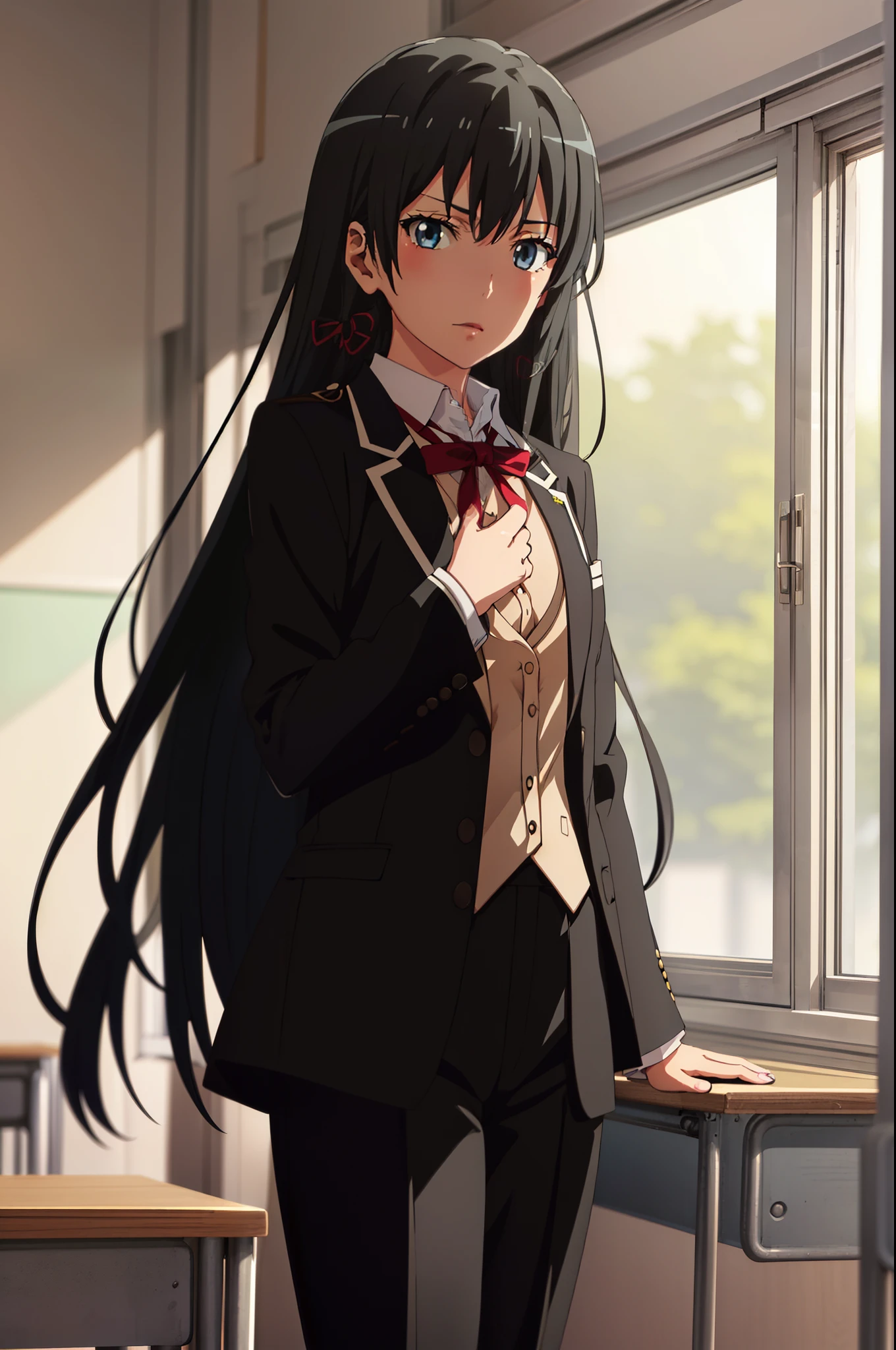 Illustration of a girl, yukinoshita yukino, 1girl, ((Anime)) 8k, colerfull, wearing a tuxedo tailcoat, pants, seelk suit, classroom background