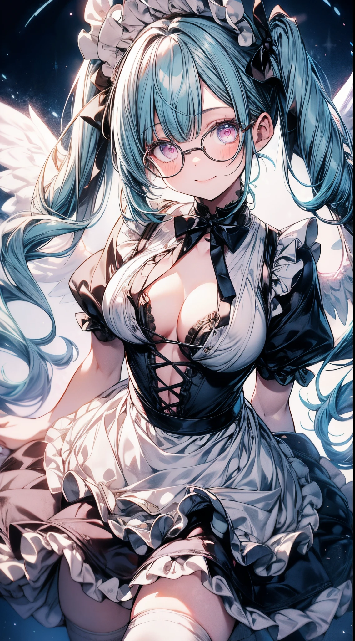 absurderes,Best Quality,Insanely detailed,1 cute lovely girl,Cute smile,Peace,short drill twin tails,aqua hair,Pink eyes,(Round glasses:1.2),(Maid costume:1.2),maid hair band ,Ruffled short skirt ,striped over knee high,maid apronl,cleavage,(sagging boobs:1.2),(From below:1.2),sparkly eyes,Beautiful and detailed eyes,glowing pale skin,Cute Pose,Professional Lighting,Cinematic Angel,great theme,Hyper realistic, Perfect Anatomy, Perfect five fingers