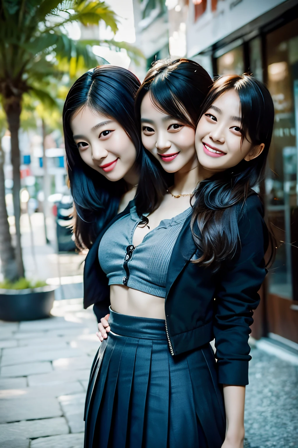 (masterpiece, best quality), best resolution, (2heads:1.5), 1girl, asian girl, korean girl, chinese girl, perfect anatomy, blond hair, smiling, giggling, friendly, inviting, blue eyes, cube hair ornament, hair between eyes, hair ornament, long hair, BREAK black skirt, jacket, tube-top, pants, pants under skirt, blue shirt, pleated skirt, BREAK looking at viewer