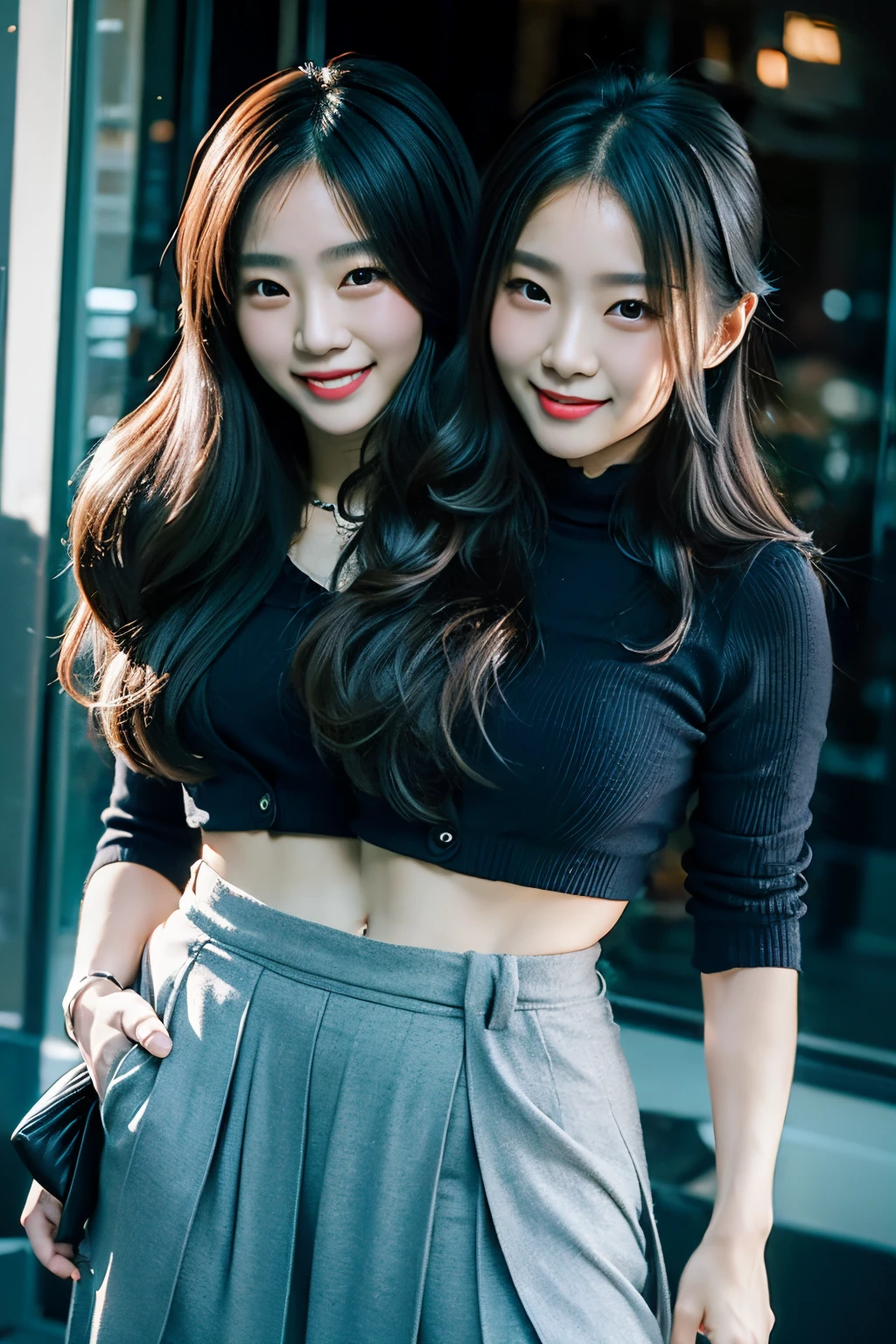 (masterpiece, best quality), best resolution, (2heads:1.5), 1girl, asian girl, korean girl, chinese girl, perfect anatomy, blond hair, smiling, giggling, friendly, inviting, blue eyes, cube hair ornament, hair between eyes, hair ornament, long hair, BREAK black skirt, jacket, tube-top, pants, pants under skirt, blue shirt, pleated skirt, BREAK looking at viewer