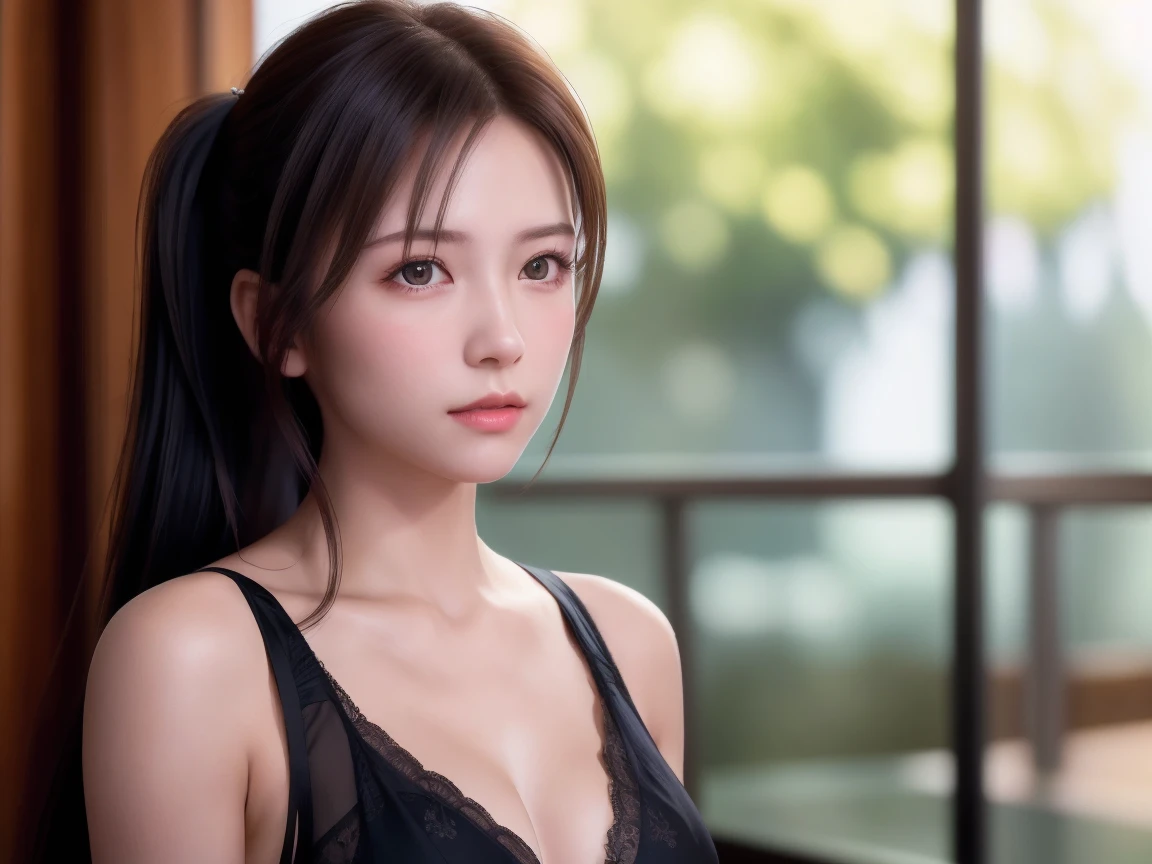 8K, of the highest quality, masutepiece:1.2), (Realistic, Photorealsitic:1.37), of the highest quality, masutepiece, Beautiful young woman, Pensive expression, Thoughtful look, sexy lingerie、Hair tied back, Messy mood, Cinematic background, Tired, Light skin tone,pony tail