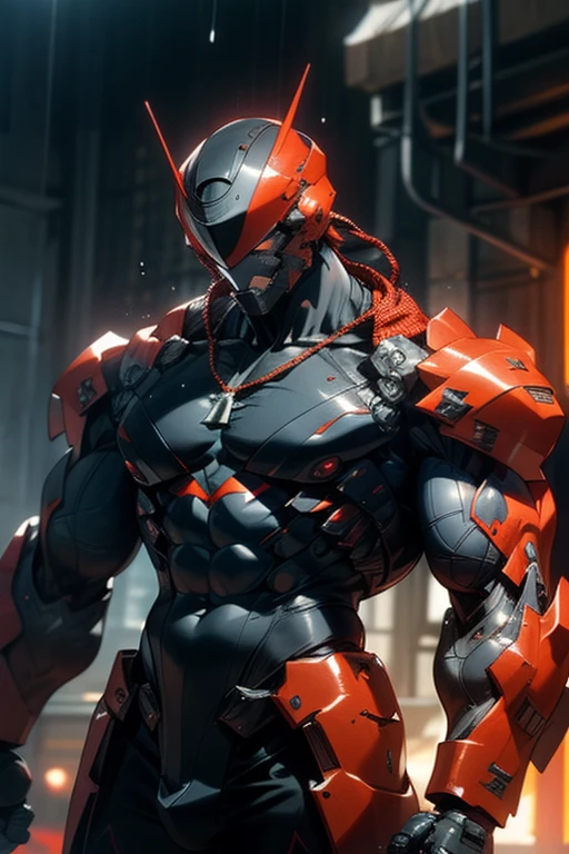 1boy, muscular man with bare chest and big muscles, sci-fi armor, sci-fi helmet, chains, abstract explosion background, sweating heavily, musculature, necklace, raining