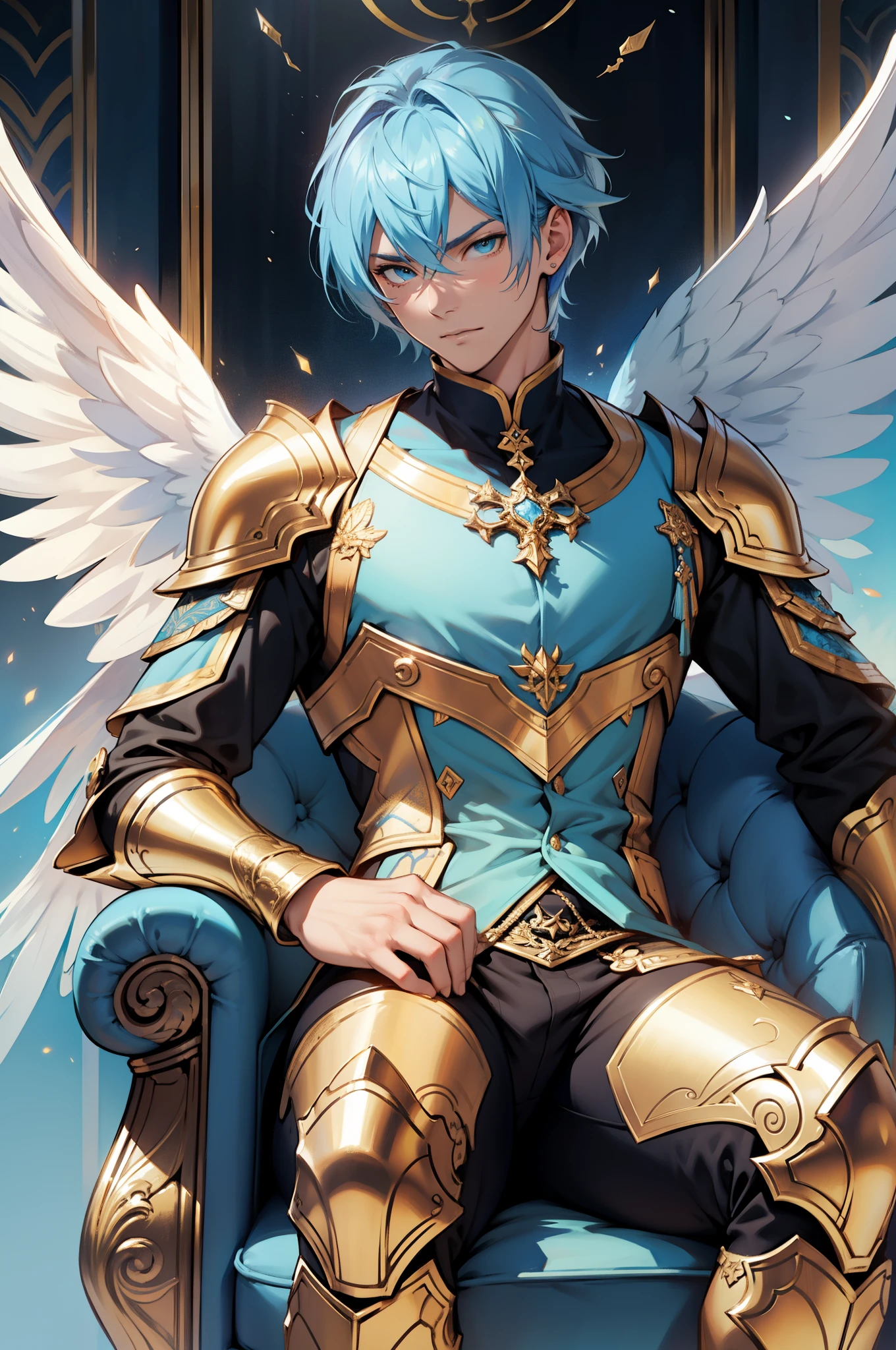 1 Male angel,sky blue hair,Noble and elegant,ultra - detailed, (s fractal art:1.4), rich colourful, 细致背景,(Background fractals:1.2),sit on luxurious sofa,six white wings,golden armour,divine,highly contrast, Ray traching, cinmatic lighting, (Start from the front:0.6)