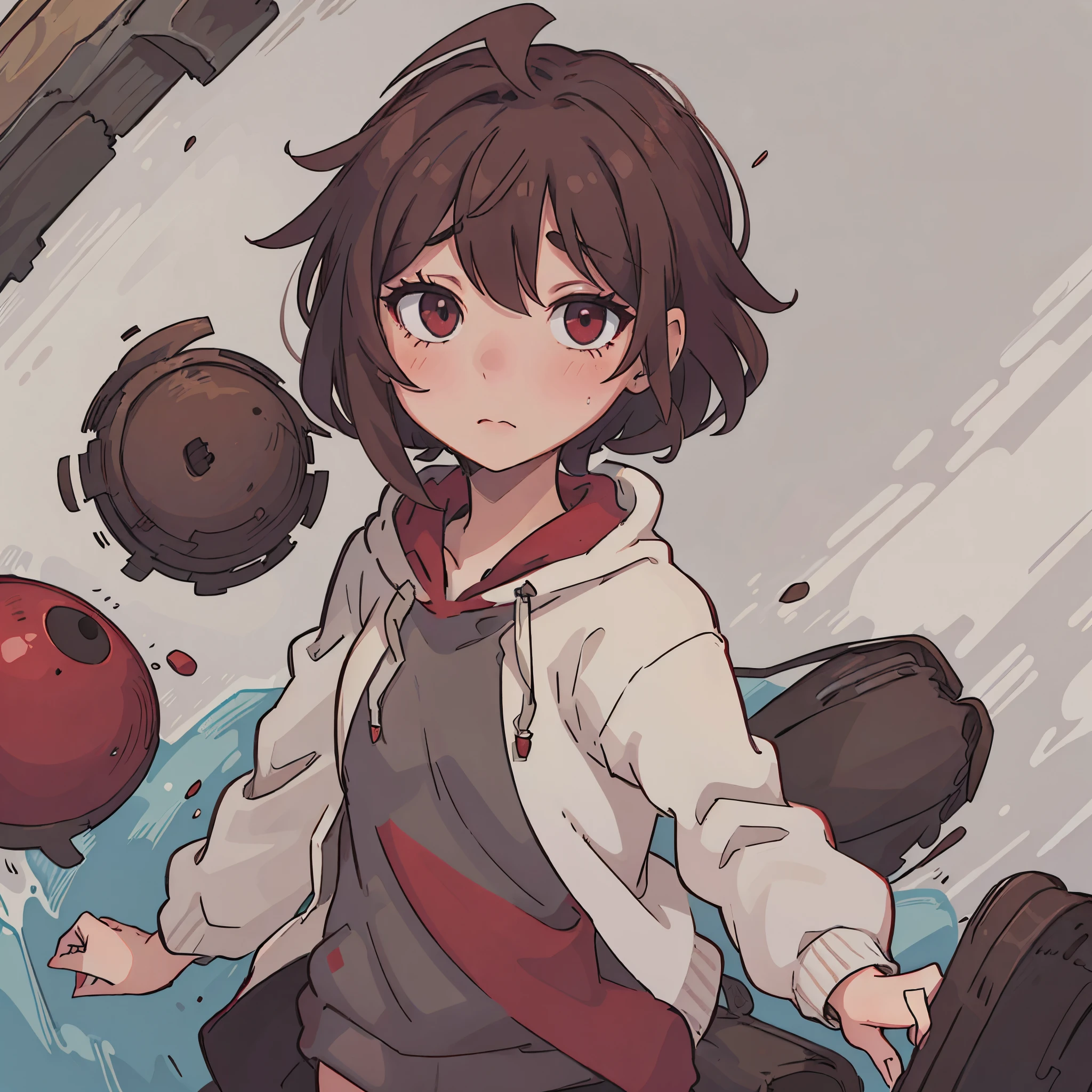 1girl, wolfcut hairstyle, brown hair with red inside, maroon eyes, wearing a gray hoodie
