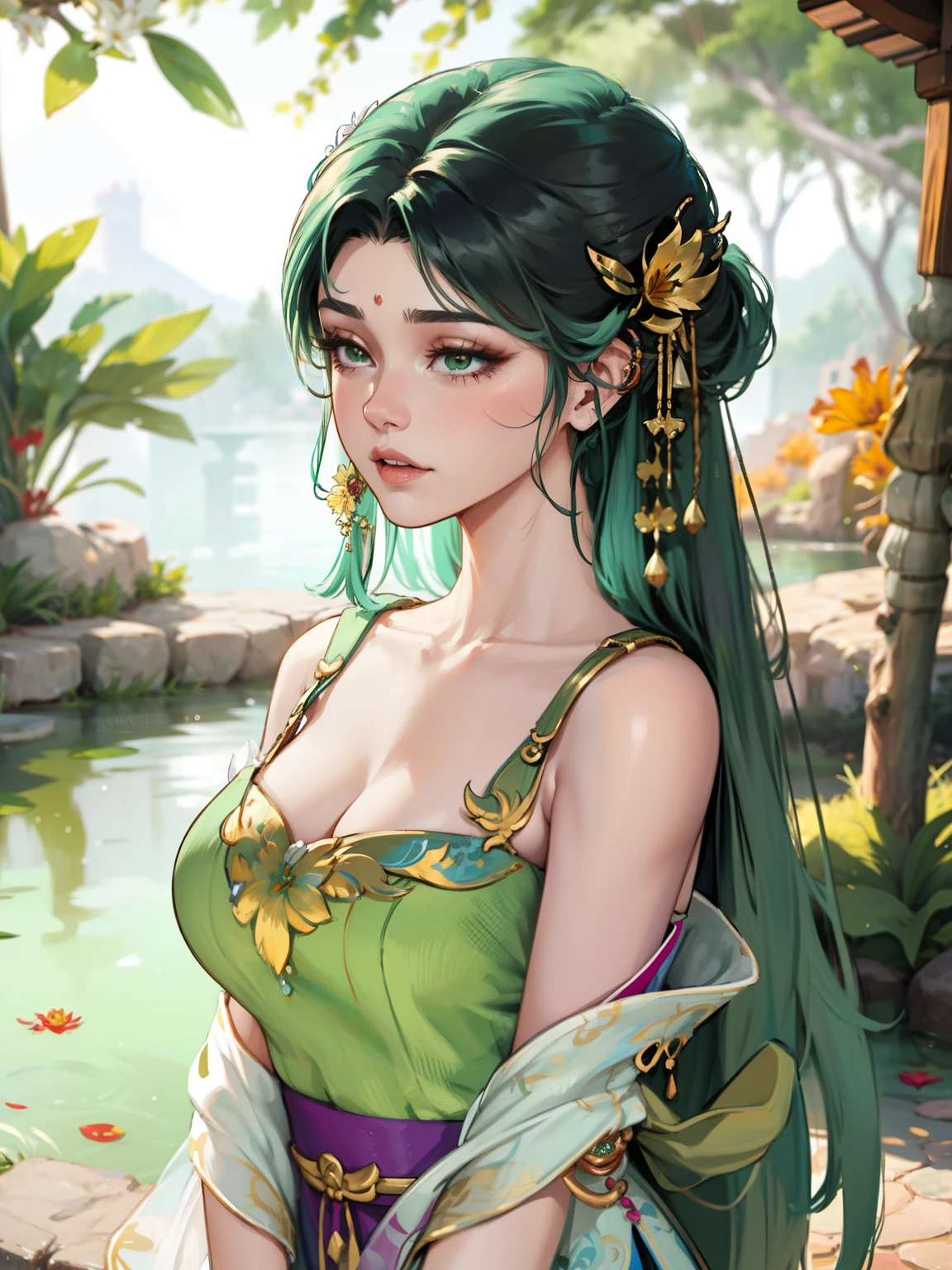 there is a woman in a green dress laying on a lily covered pond, by Yang J, artwork in the style of guweiz, by Zeng Jing, guweiz on pixiv artstation, guweiz, guweiz on artstation pixiv, palace , a girl in hanfu, by Li Song, beautiful digital artwork, by Chen Lin,